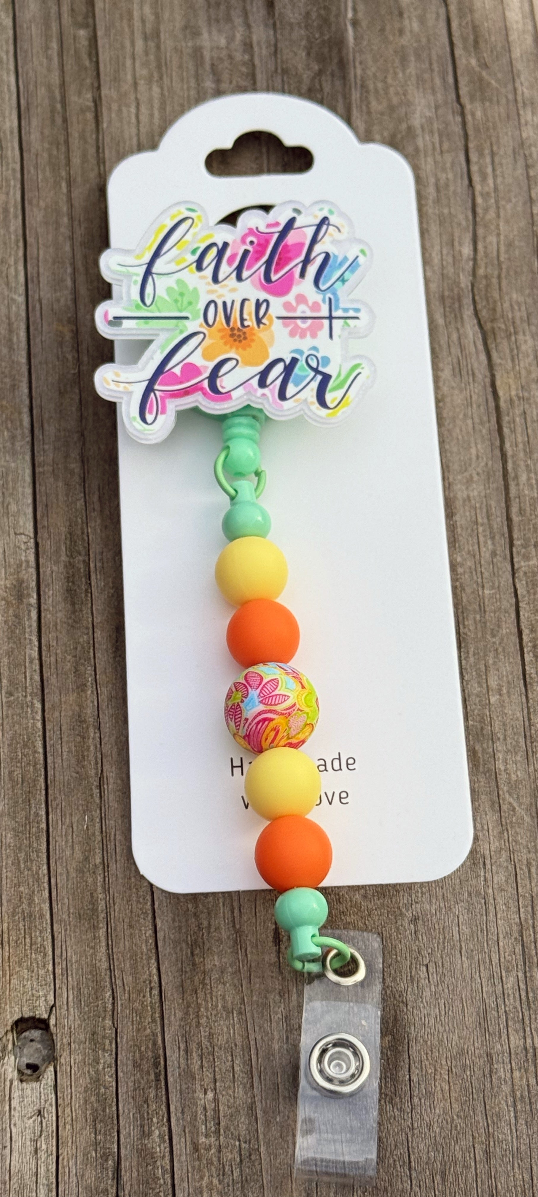 Faith Over Fear Badge Reel – Inspirational Retractable ID Holder with Colorful Beads