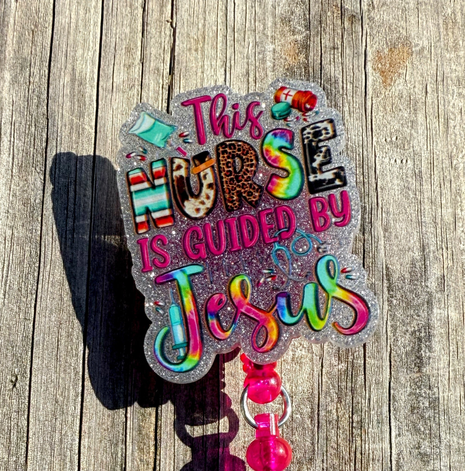 This Nurse is Guided by Jesus Badge Reel – Faith-Based Retractable ID Holder with Beaded Strap