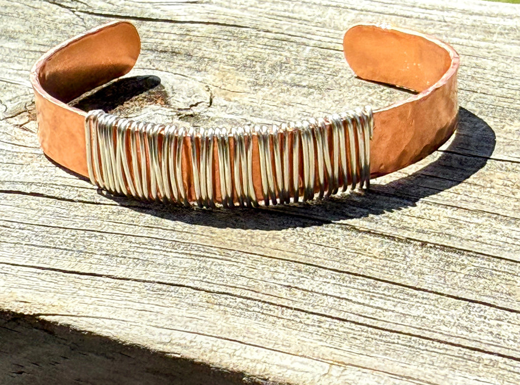 Bold Copper Cuff Bracelet with Silver Wire Wrap – Handmade Adjustable Statement Jewelry