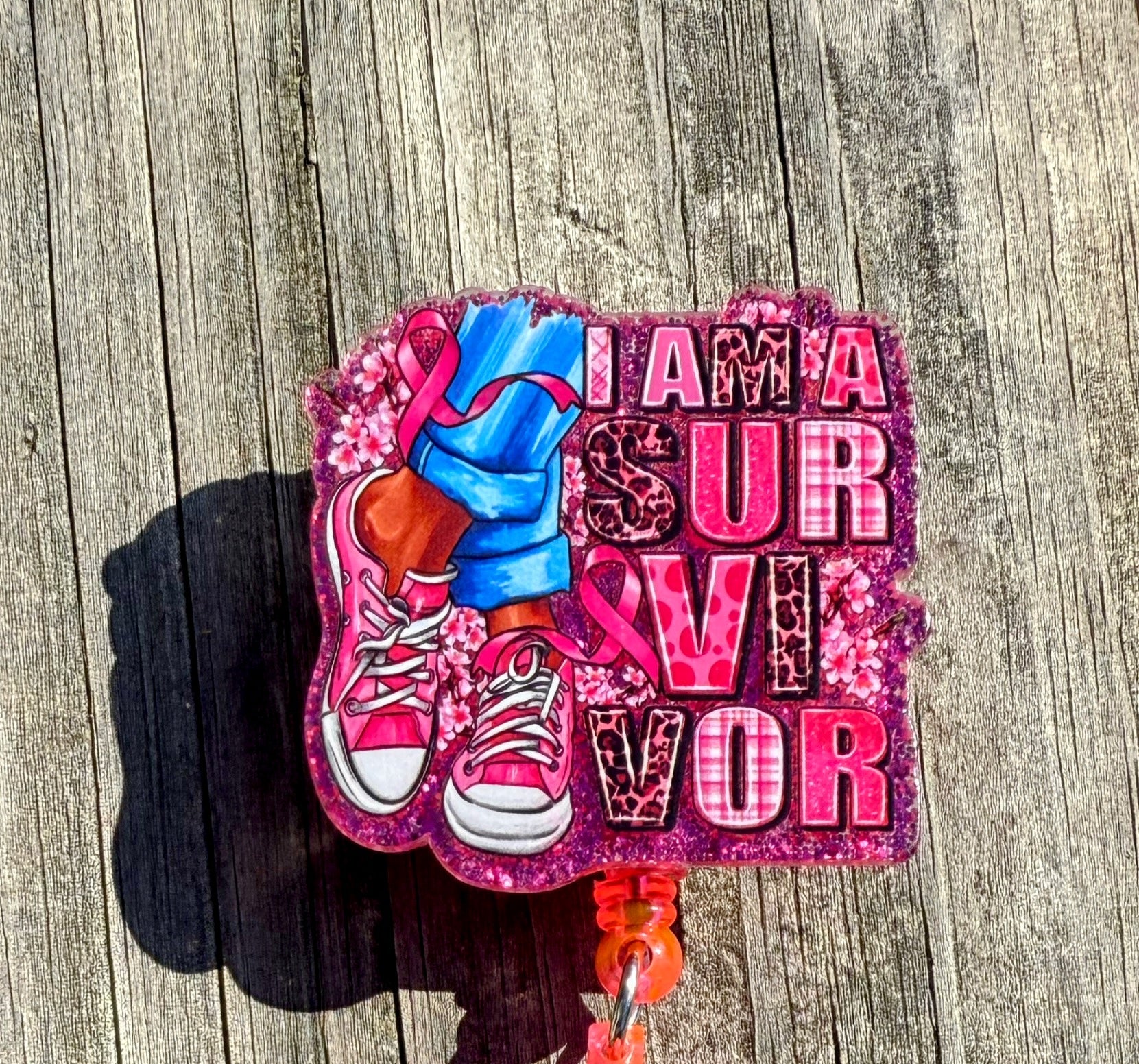 I Am a Survivor Badge Reel – Breast Cancer Awareness Retractable ID Holder with Beaded Strap