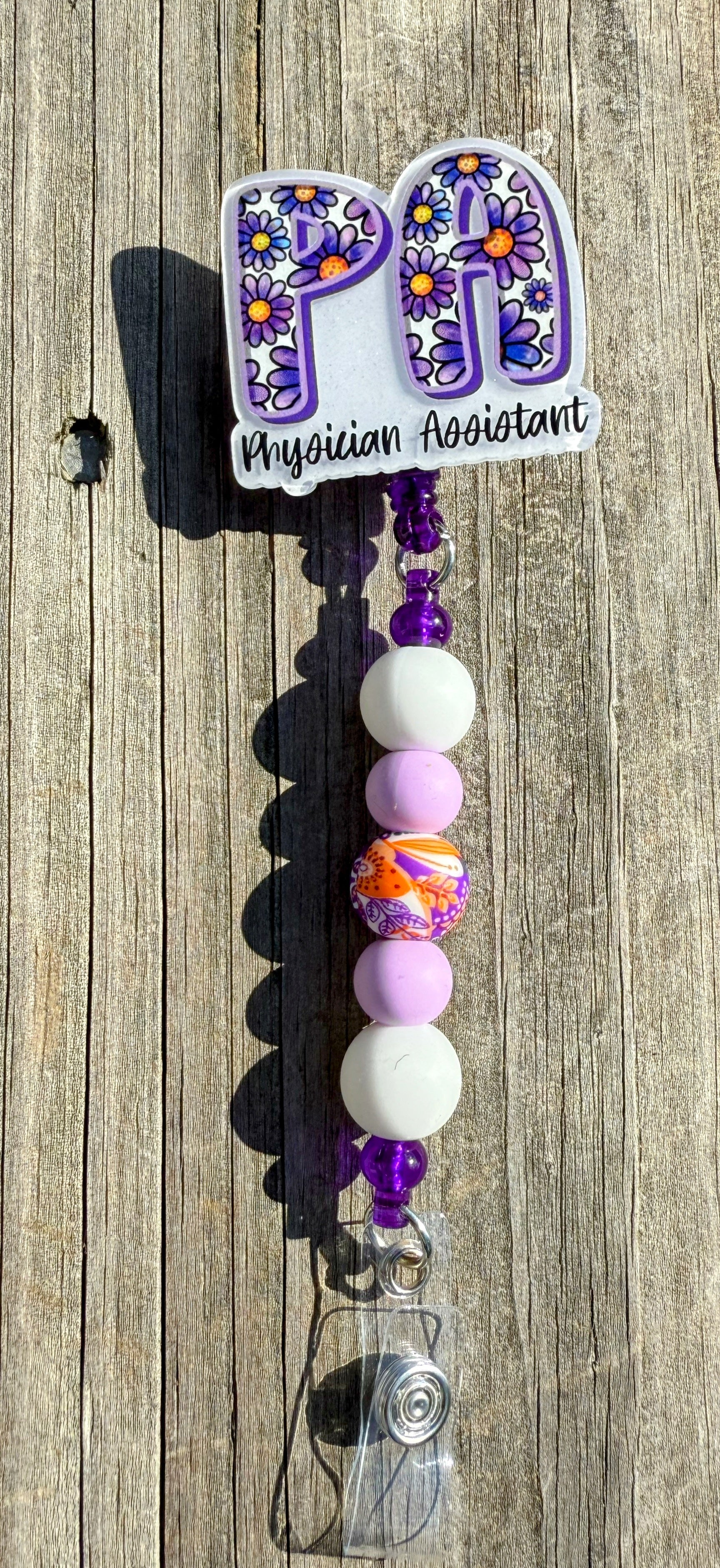 Physician Assistant Badge Reel with Beaded Strap – Floral PA Retractable ID Holder