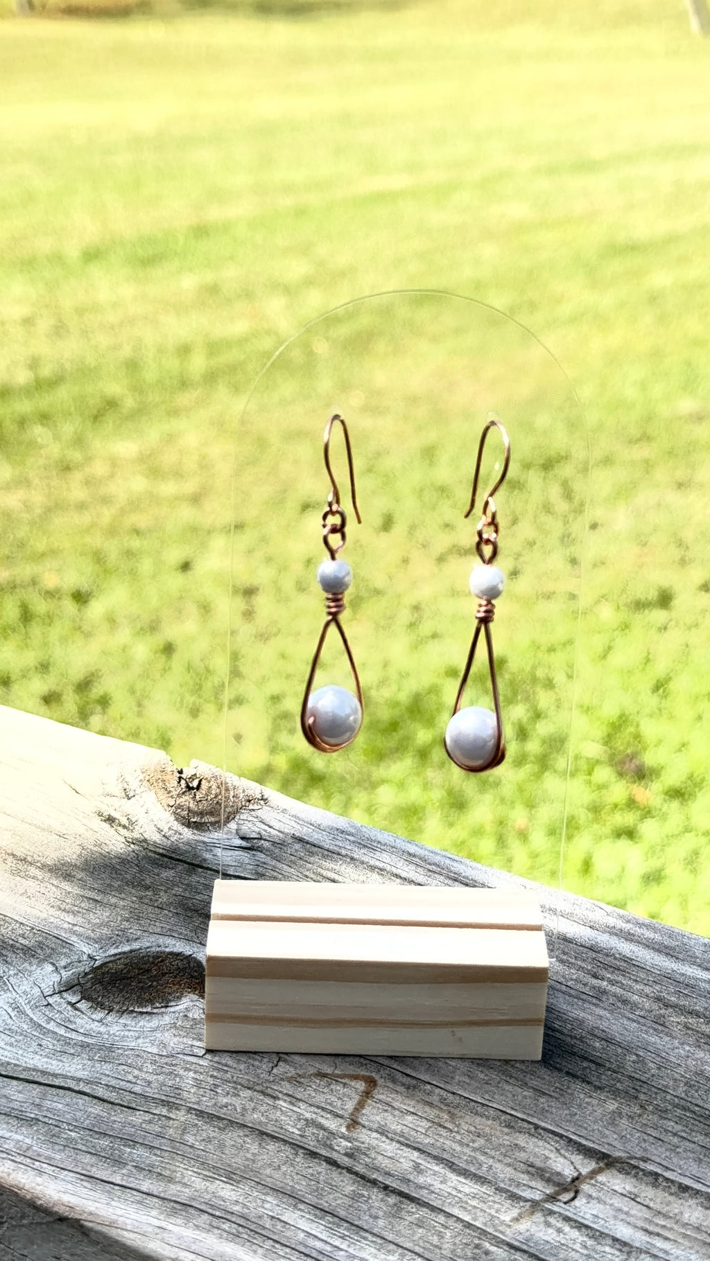 Copper Teardrop Earrings with Iridescent Pearl Beads