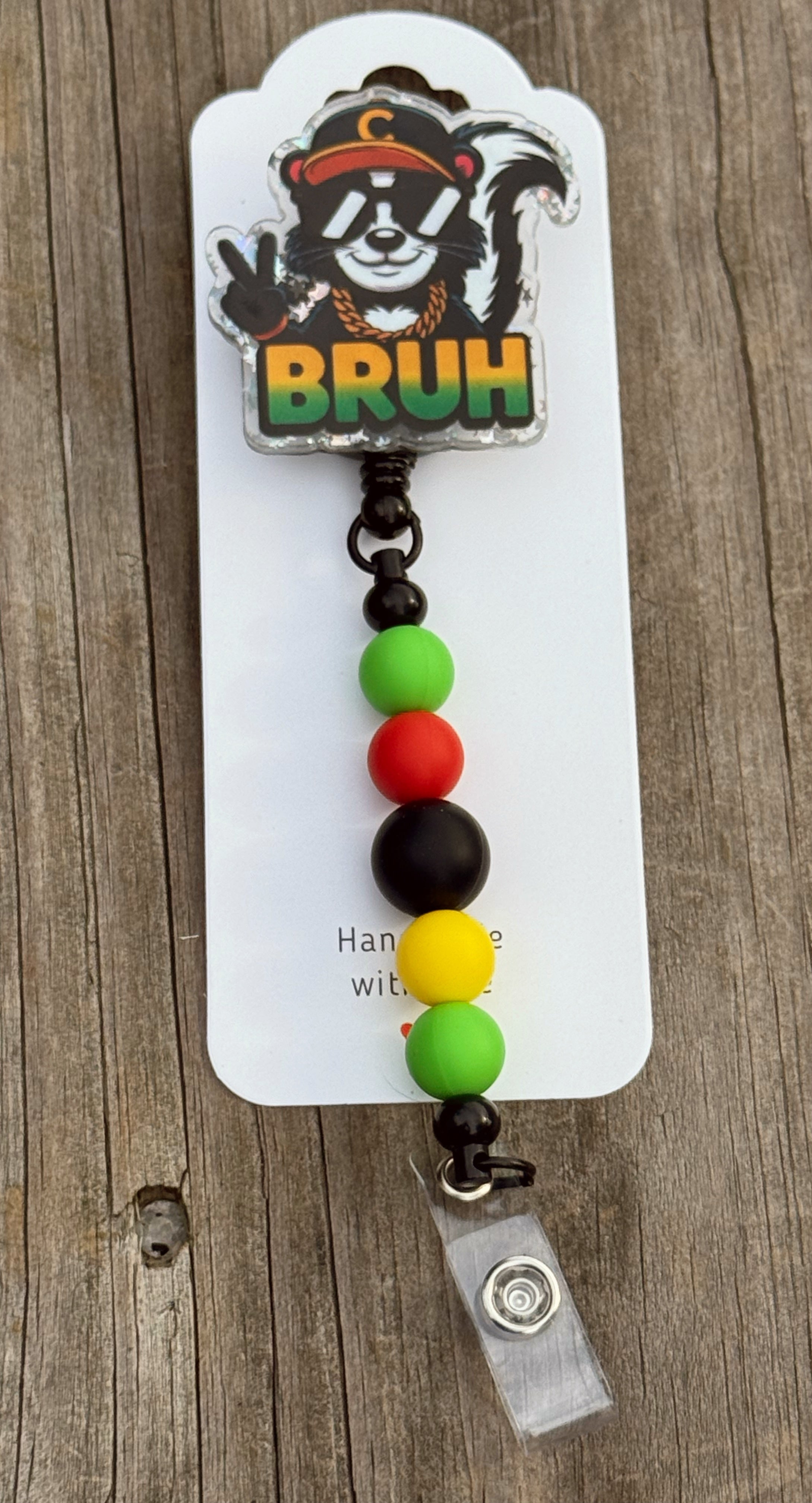 Bruh Badge Reel – Fun Retractable ID Holder with Rasta Colors & Cool Skunk Design