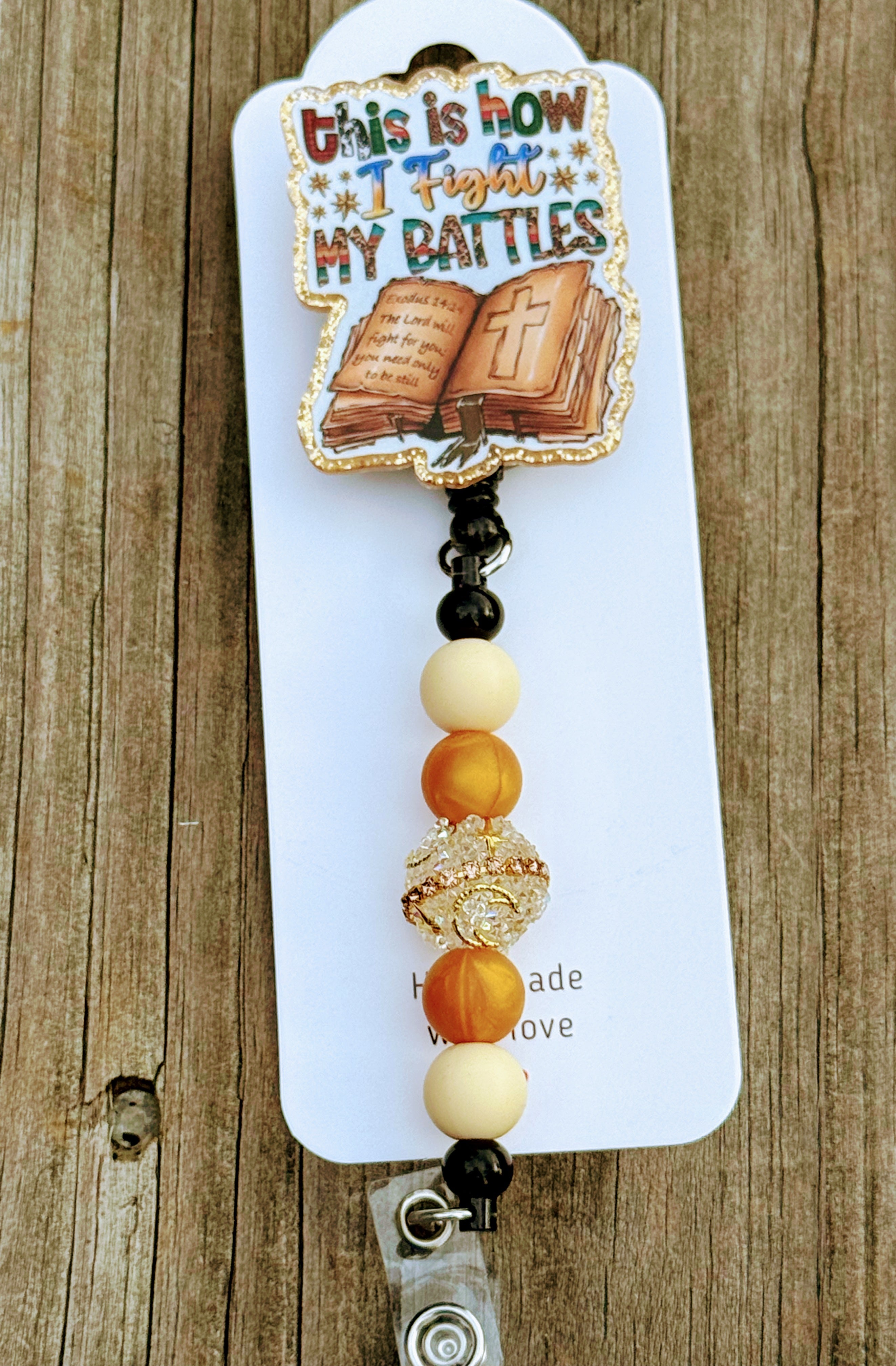 This Is How I Fight My Battles Badge Reel – Christian Retractable ID Holder with Bible & Cross Design