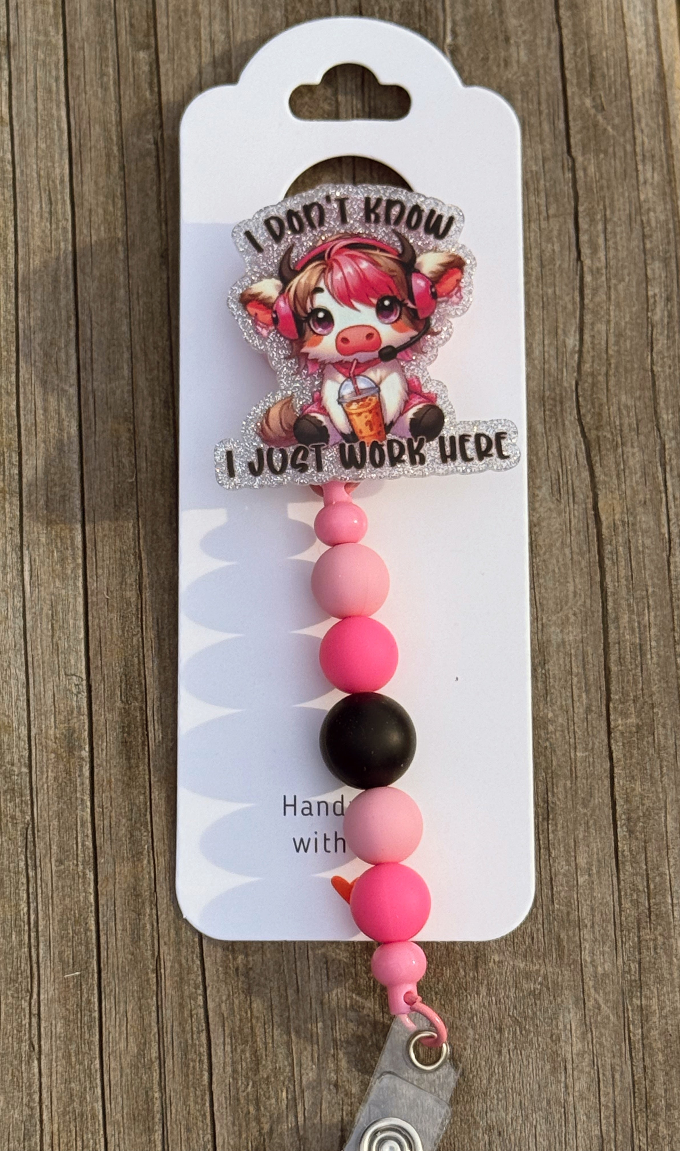 Funny Cow Badge Reel – “I Don’t Know, I Just Work Here” Retractable ID Holder with Pink Beads