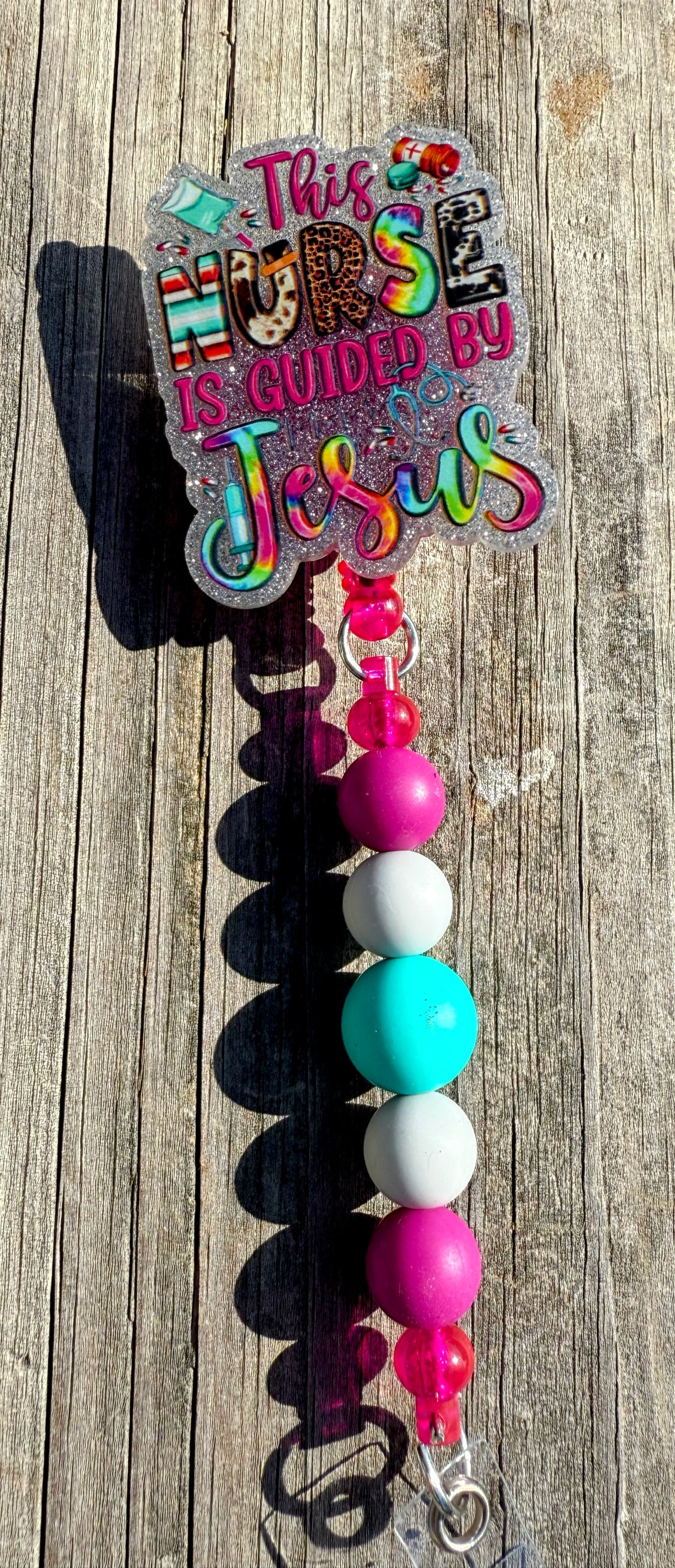 This Nurse is Guided by Jesus Badge Reel – Faith-Based Retractable ID Holder with Beaded Strap