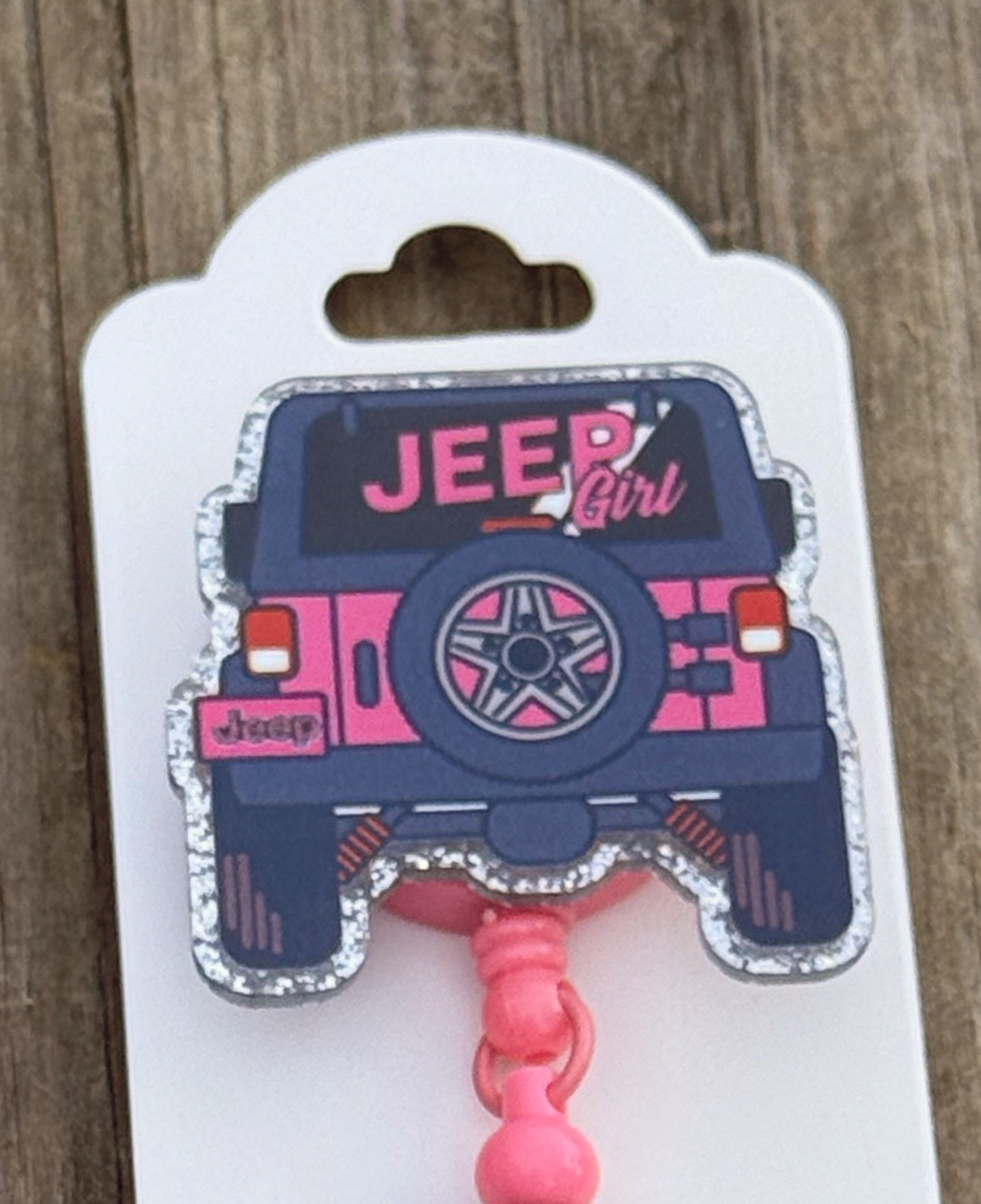 Jeep Girl Badge Reel – Pink Glitter Retractable ID Holder with Beads