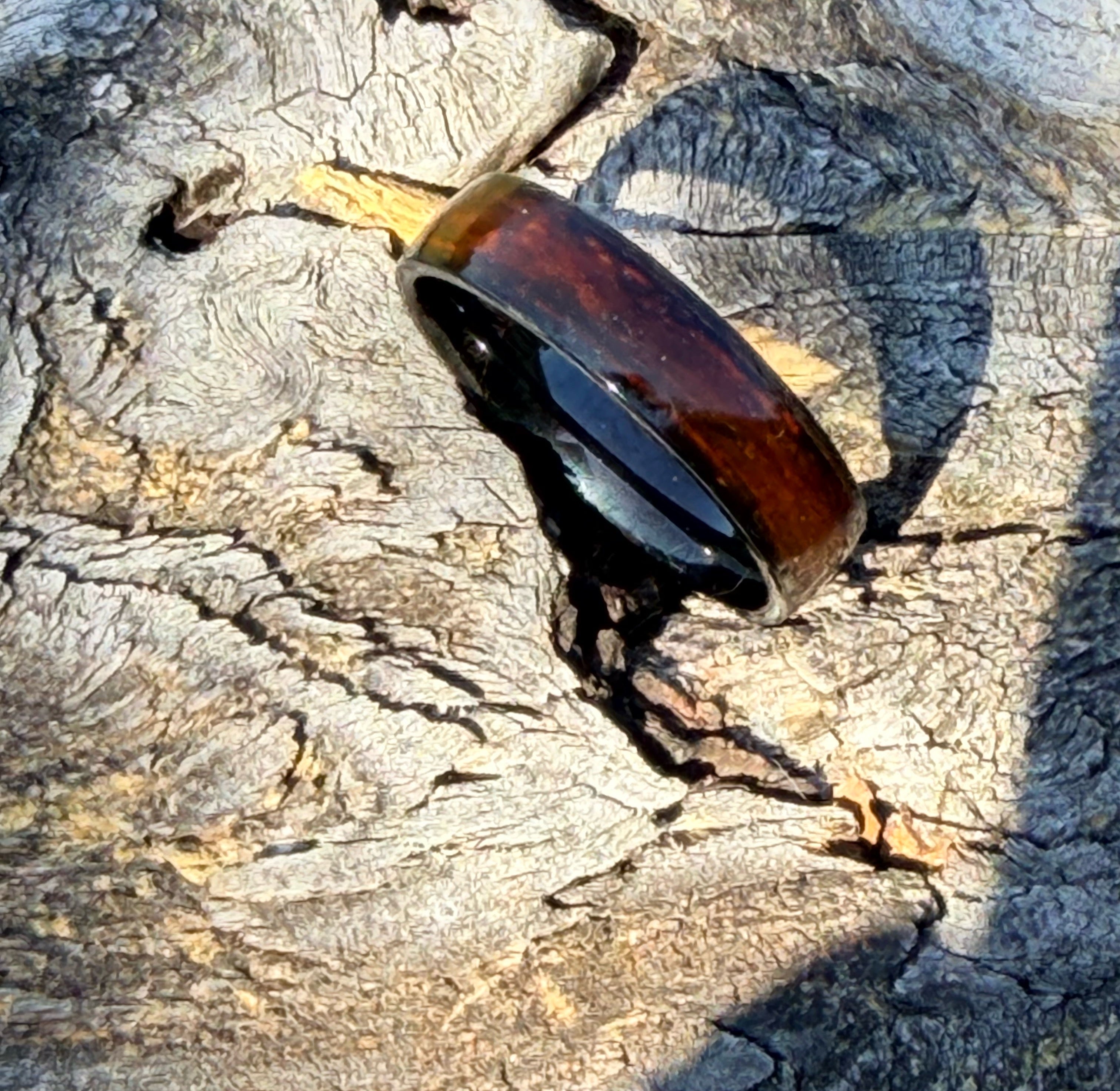 Rustic Ember Ring – Handmade Brown Wood Inlay Band