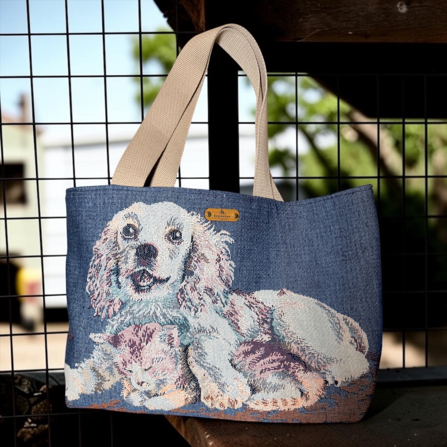 EvelynAnn Cozy Companions Tote | Dog & Cat Tapestry Handcrafted Tote Bag