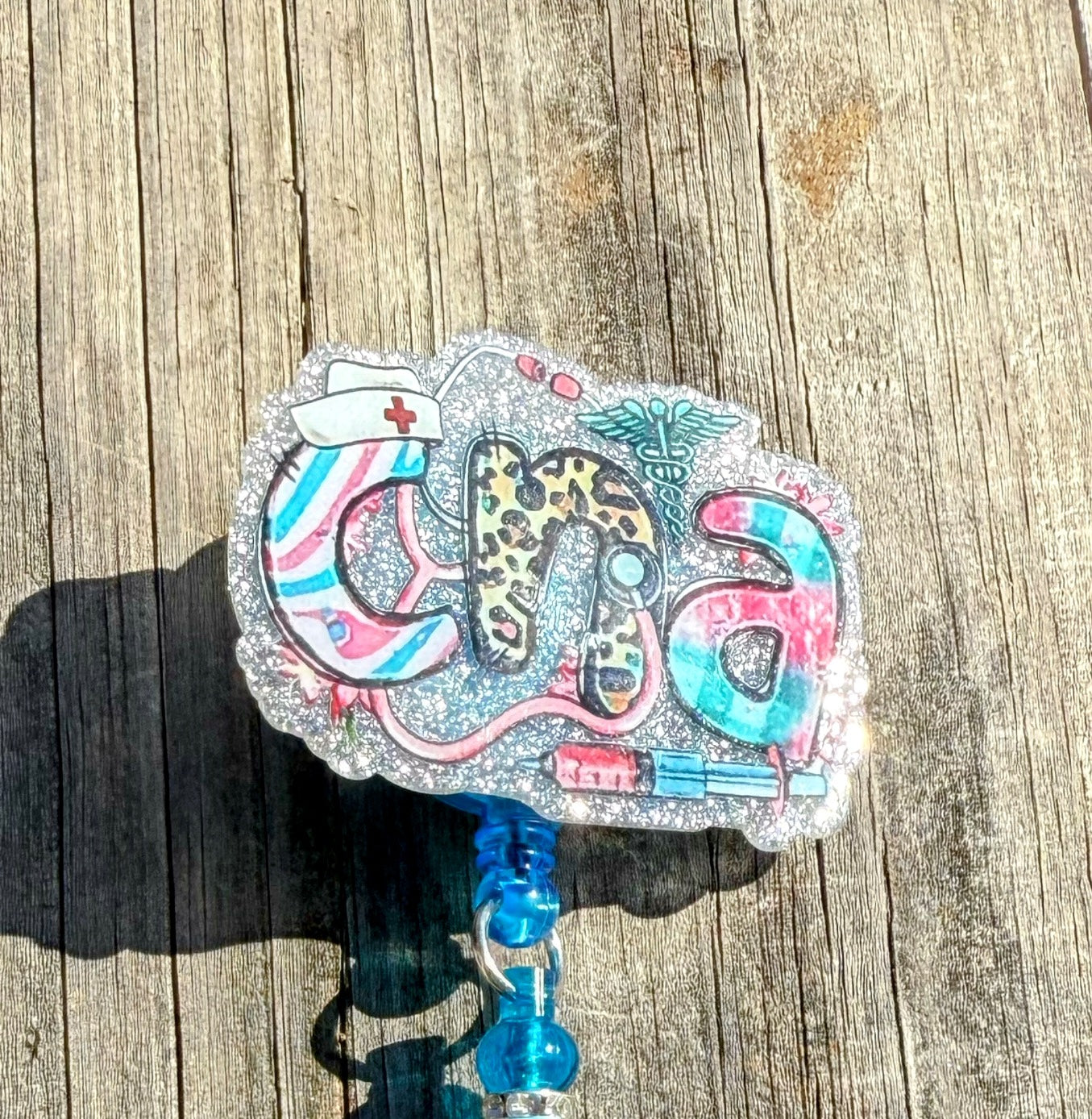 CNA Badge Reel with Beaded Strap – Glitter Retractable ID Holder for Certified Nursing Assistants