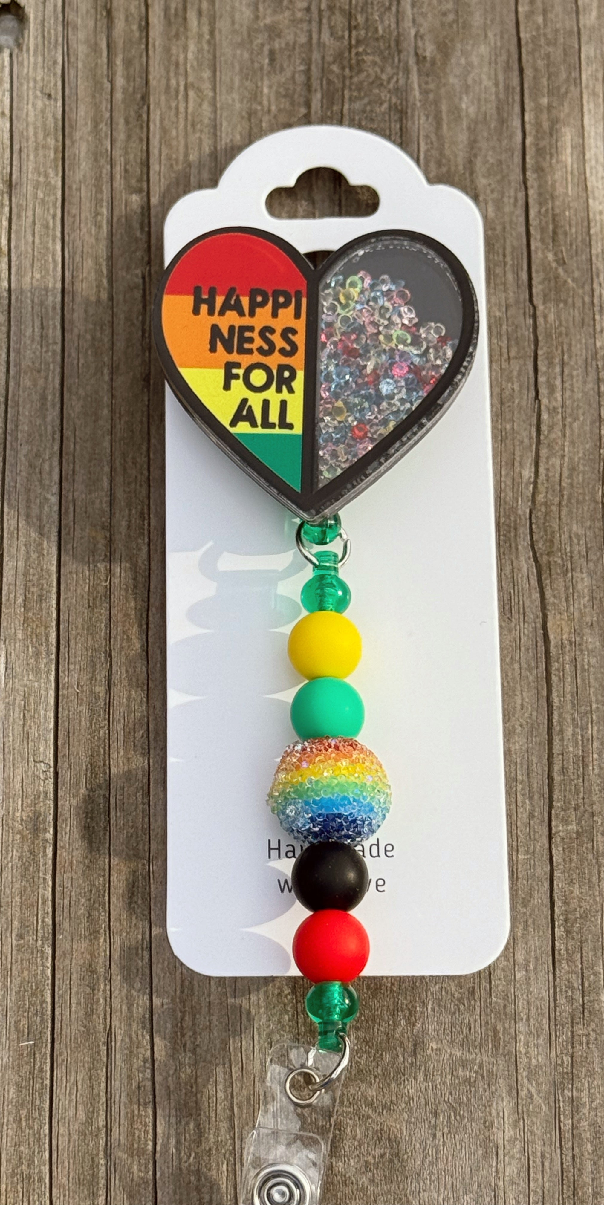 Happiness for All Badge Reel – Rainbow Beaded Retractable ID Holder
