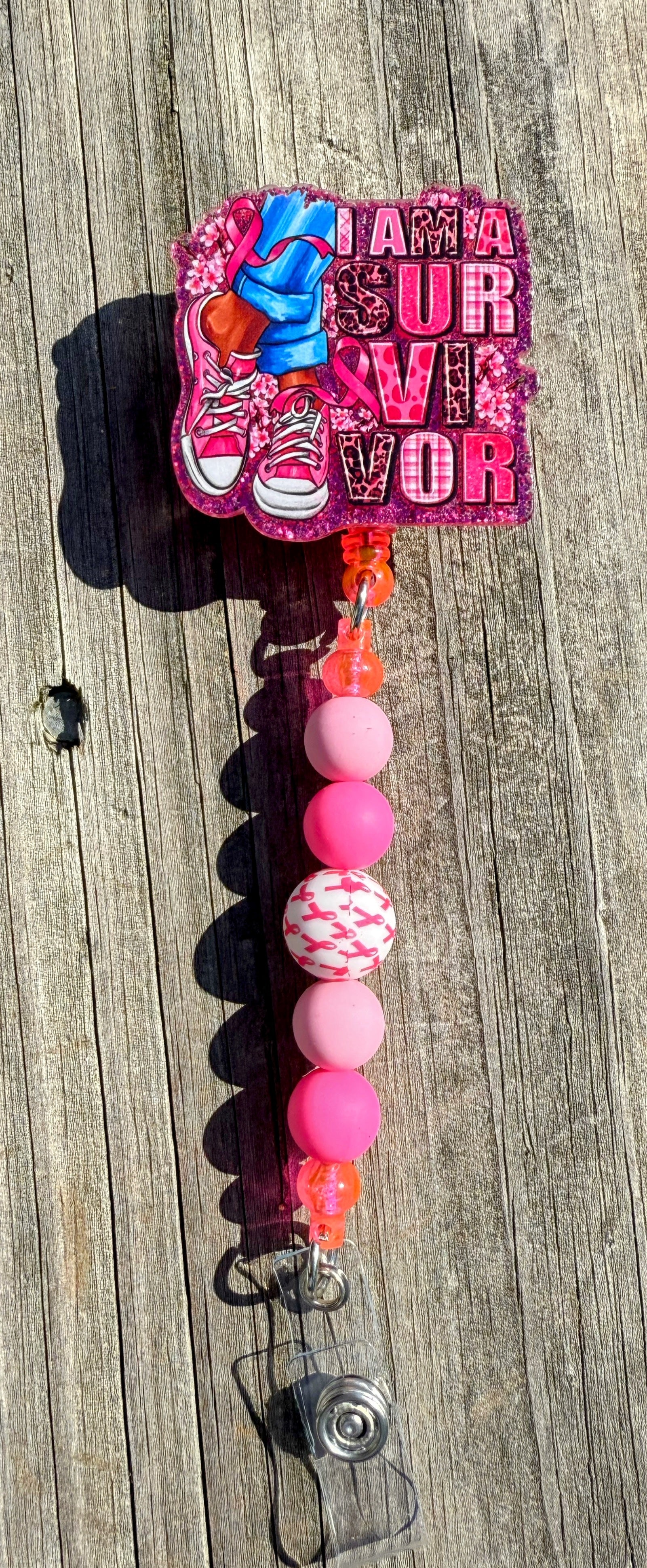I Am a Survivor Badge Reel – Breast Cancer Awareness Retractable ID Holder with Beaded Strap