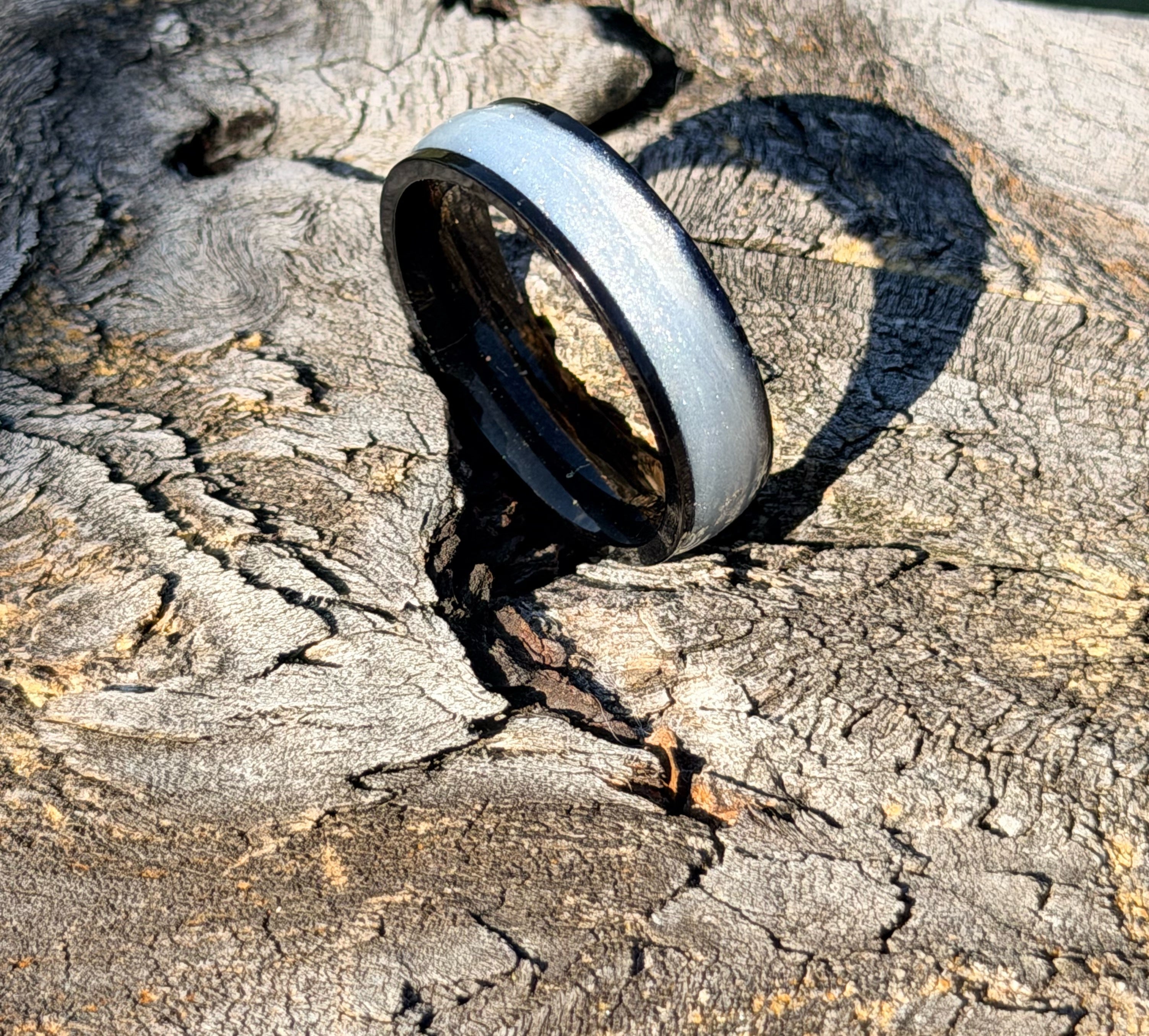 Moonshadow Ring – Handmade Black Band with Silver Inlay