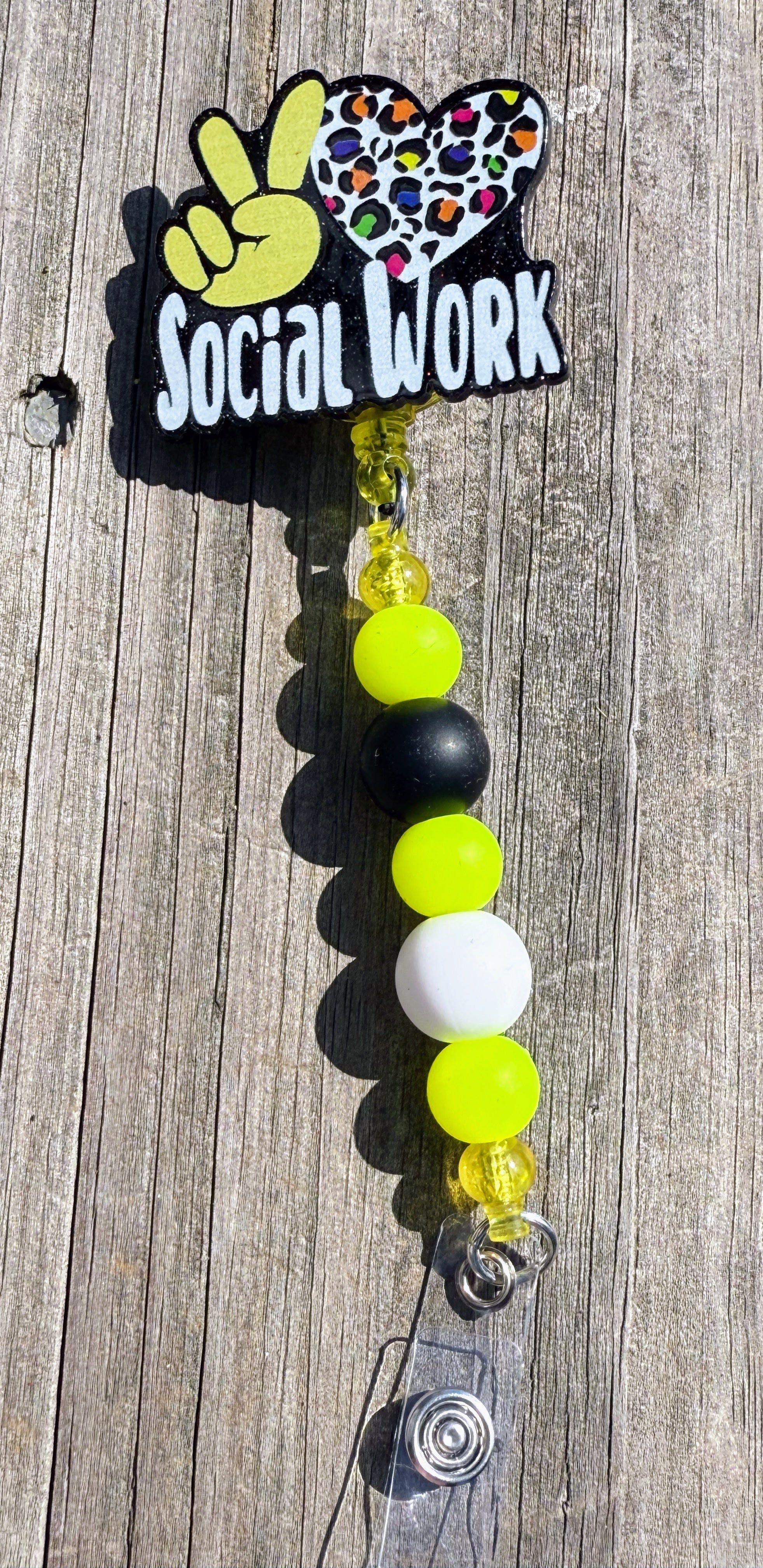 Social Work Badge Reel – Peace Love Social Work Retractable ID Holder with Beads
