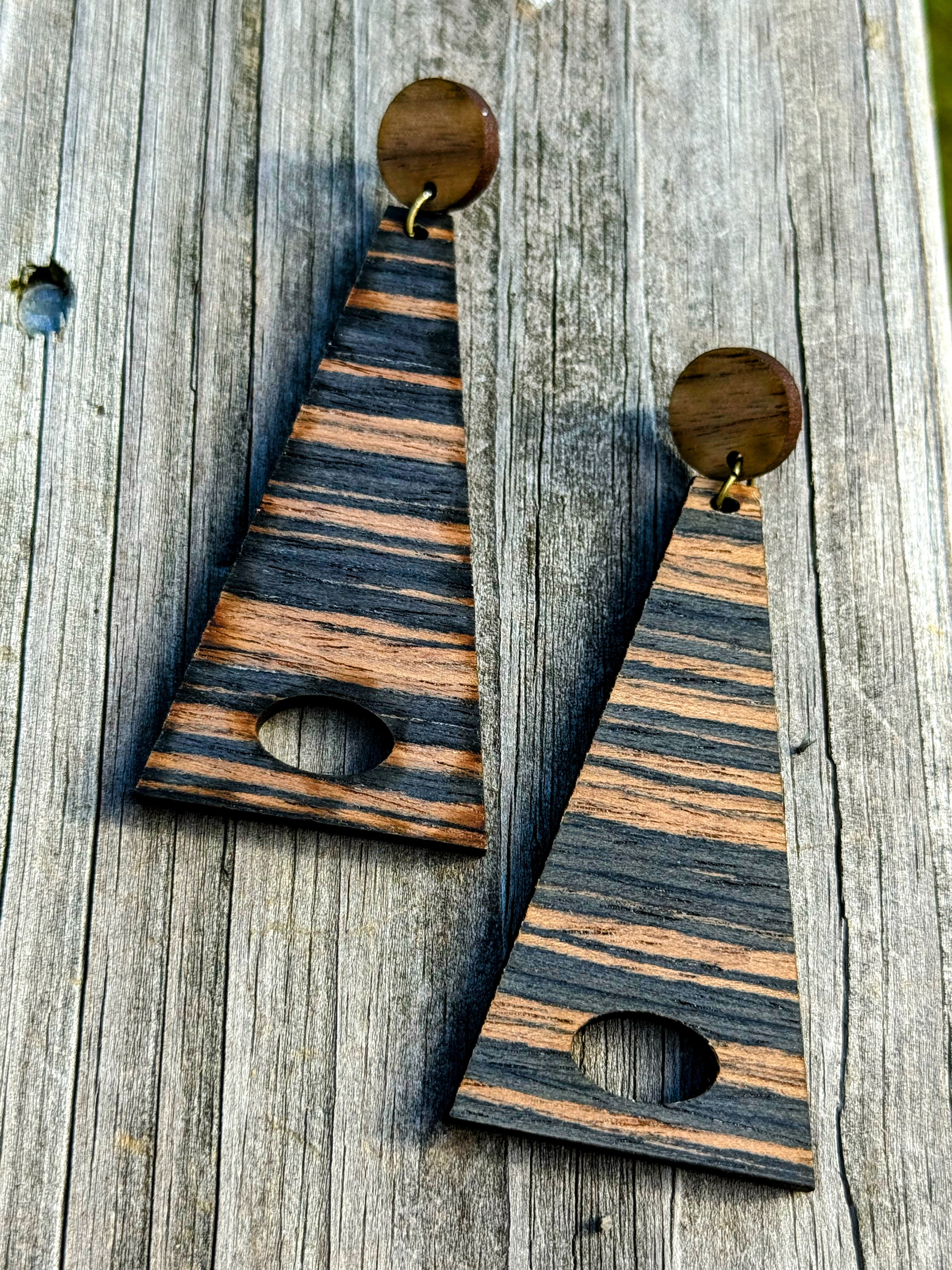Striped Statement Earrings – Handmade Wooden Geometric Jewelry