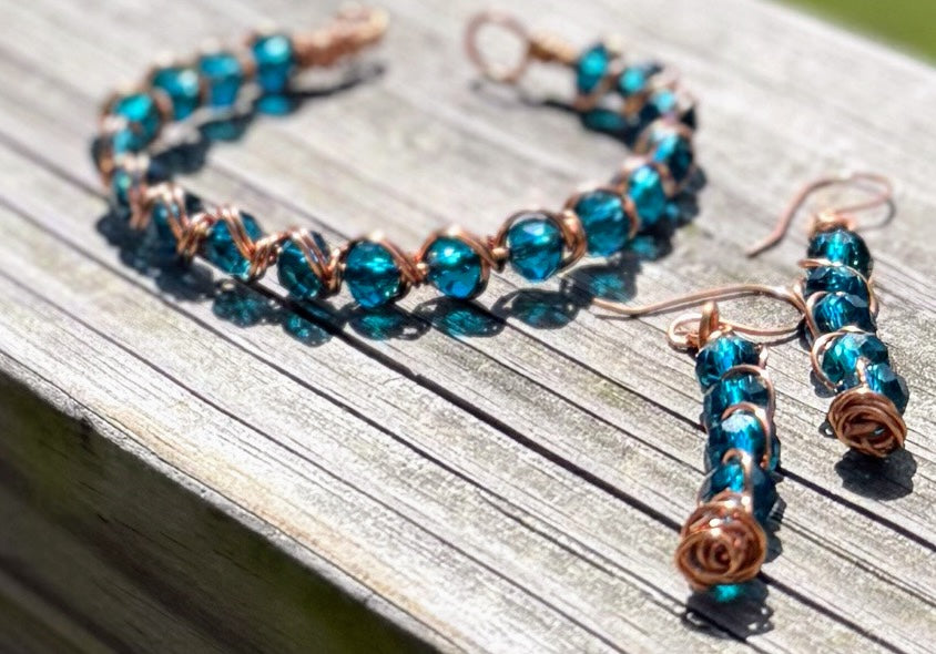 Teal Crystal & Copper Wire Jewelry Set – Handmade Bracelet & Earrings – Boho Chic Sparkle