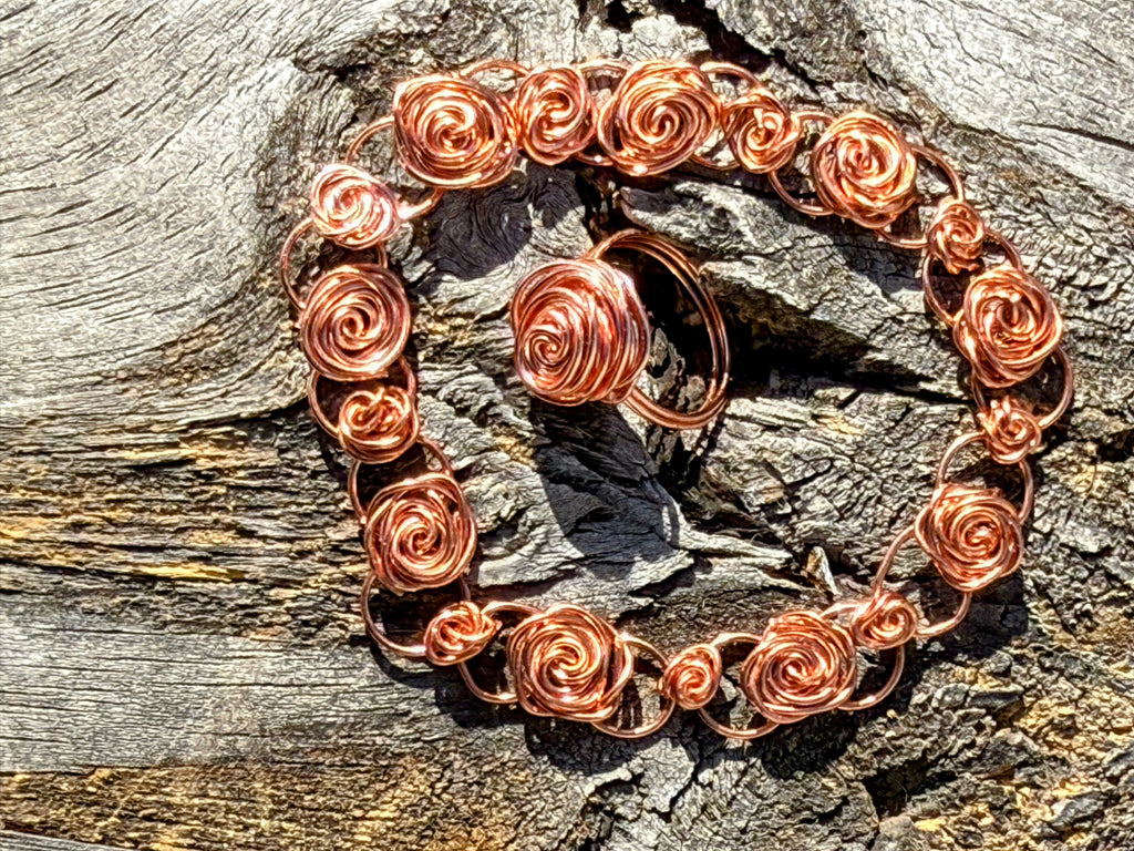 Copper Rose Wire Bracelet & Ring Set – Artistic Spiral Jewelry