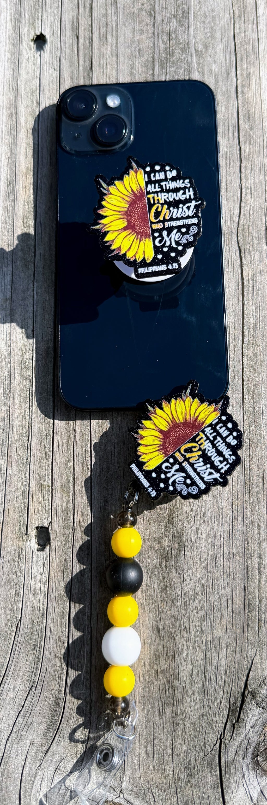 Philippians 4:13 Sunflower Phone Grip & Badge Reel
