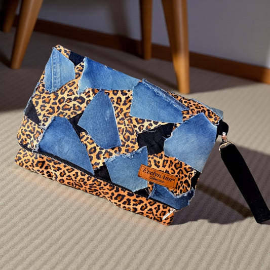 EvelynAnn Denim & Leopard Patchwork Wristlet | Expandable Statement Clutch