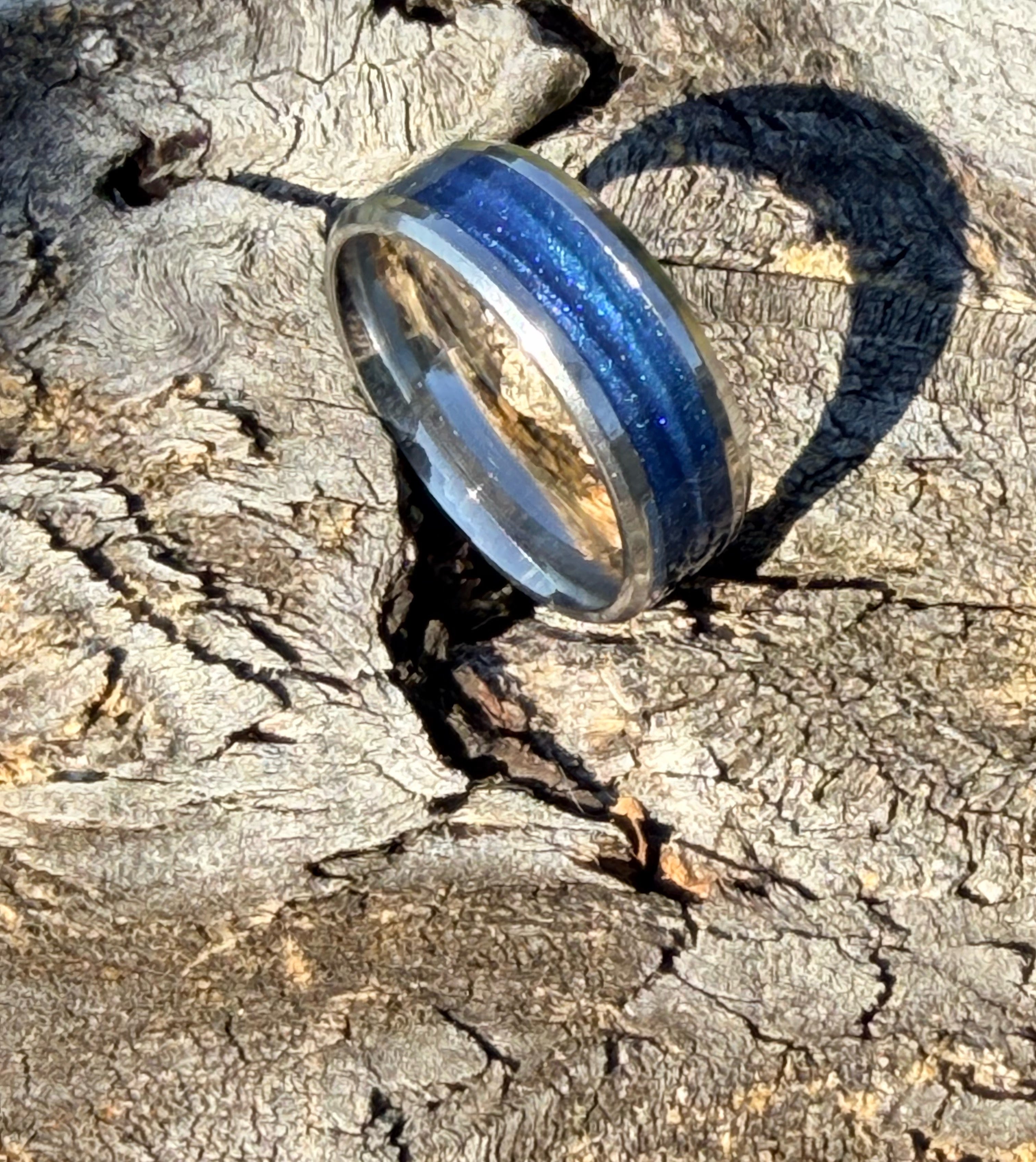 Ocean Depths Ring – Handmade Blue Inlay Stainless Band