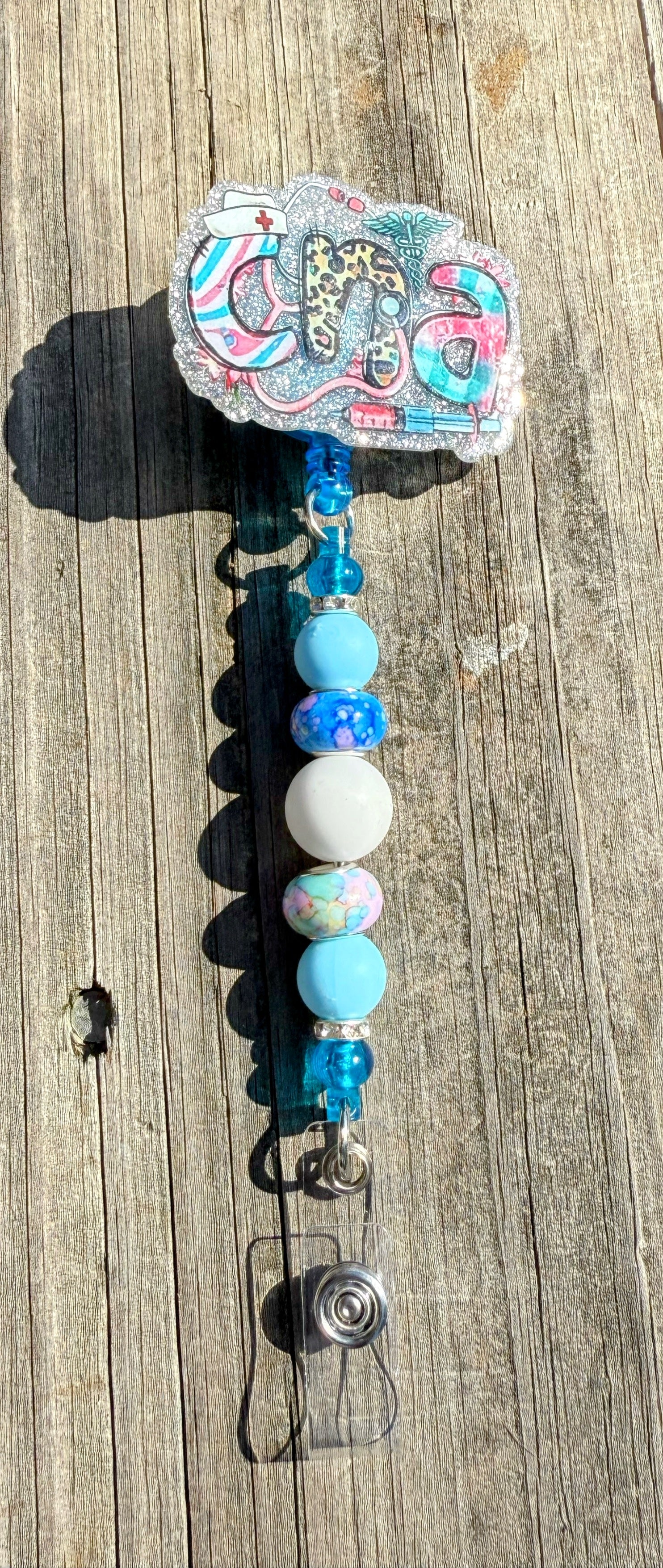 CNA Badge Reel with Beaded Strap – Glitter Retractable ID Holder for Certified Nursing Assistants