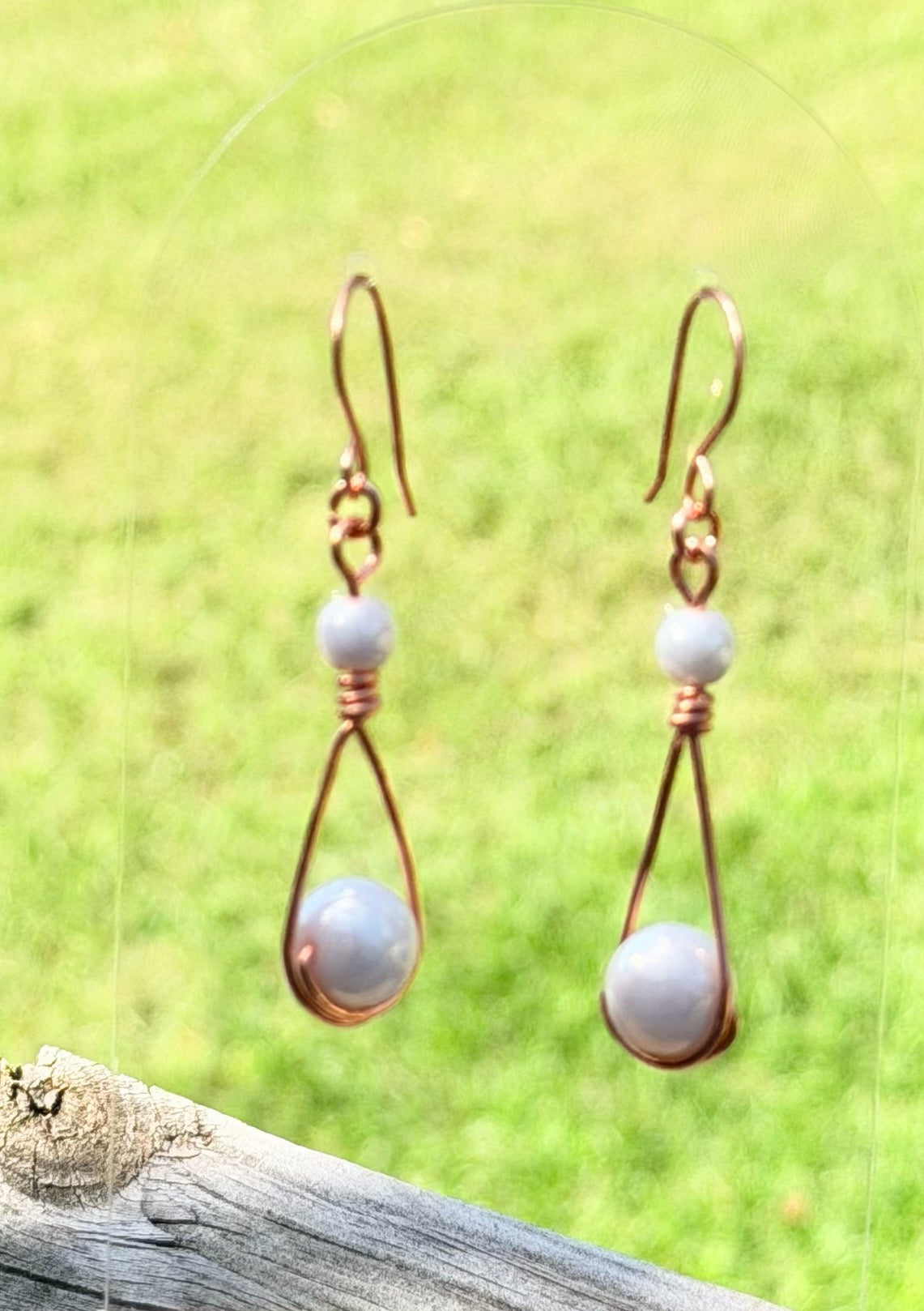 Copper Teardrop Earrings with Iridescent Pearl Beads