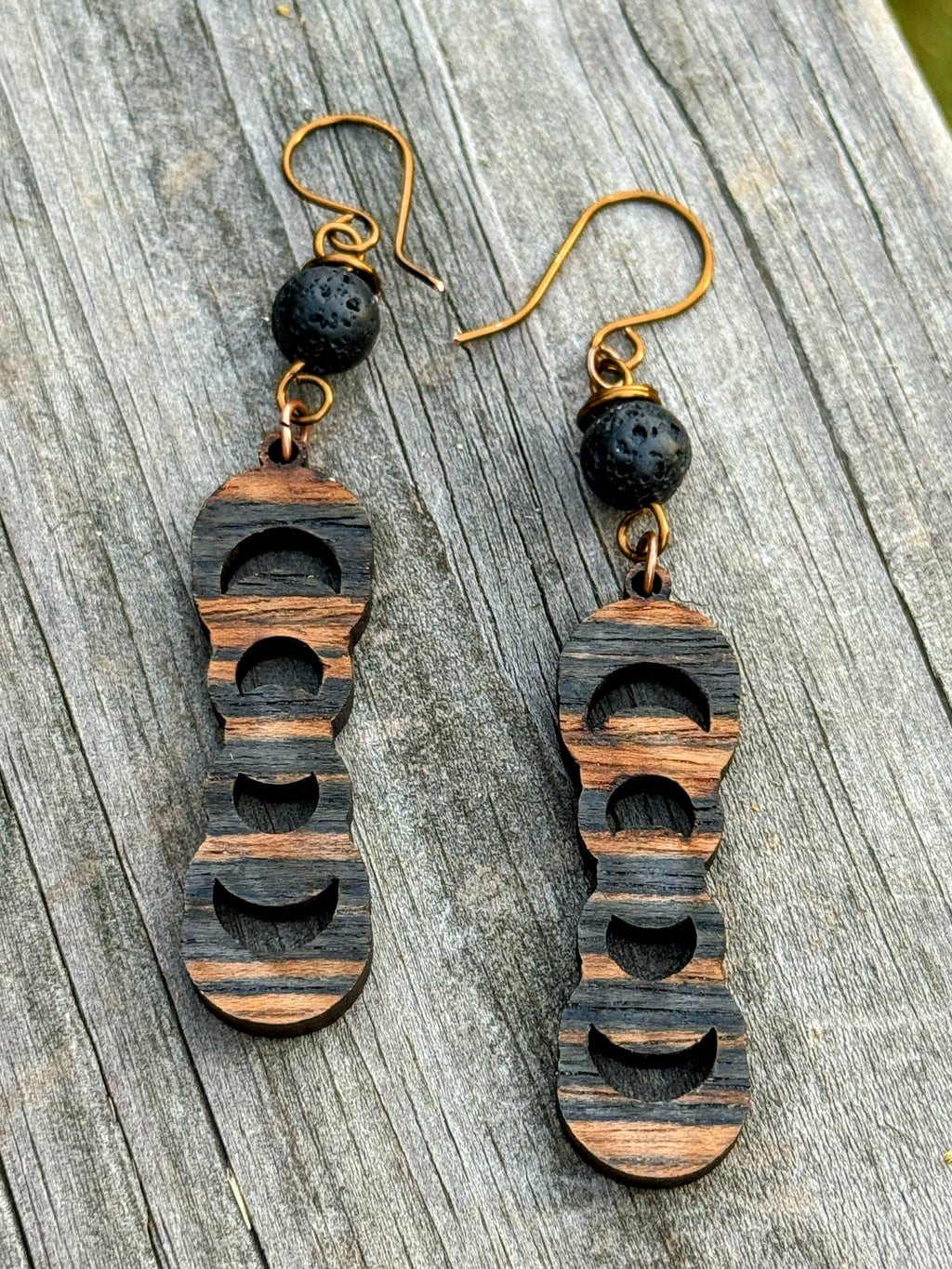 Afro-Centric Moon Phase Wooden Earrings with Lava Stone
