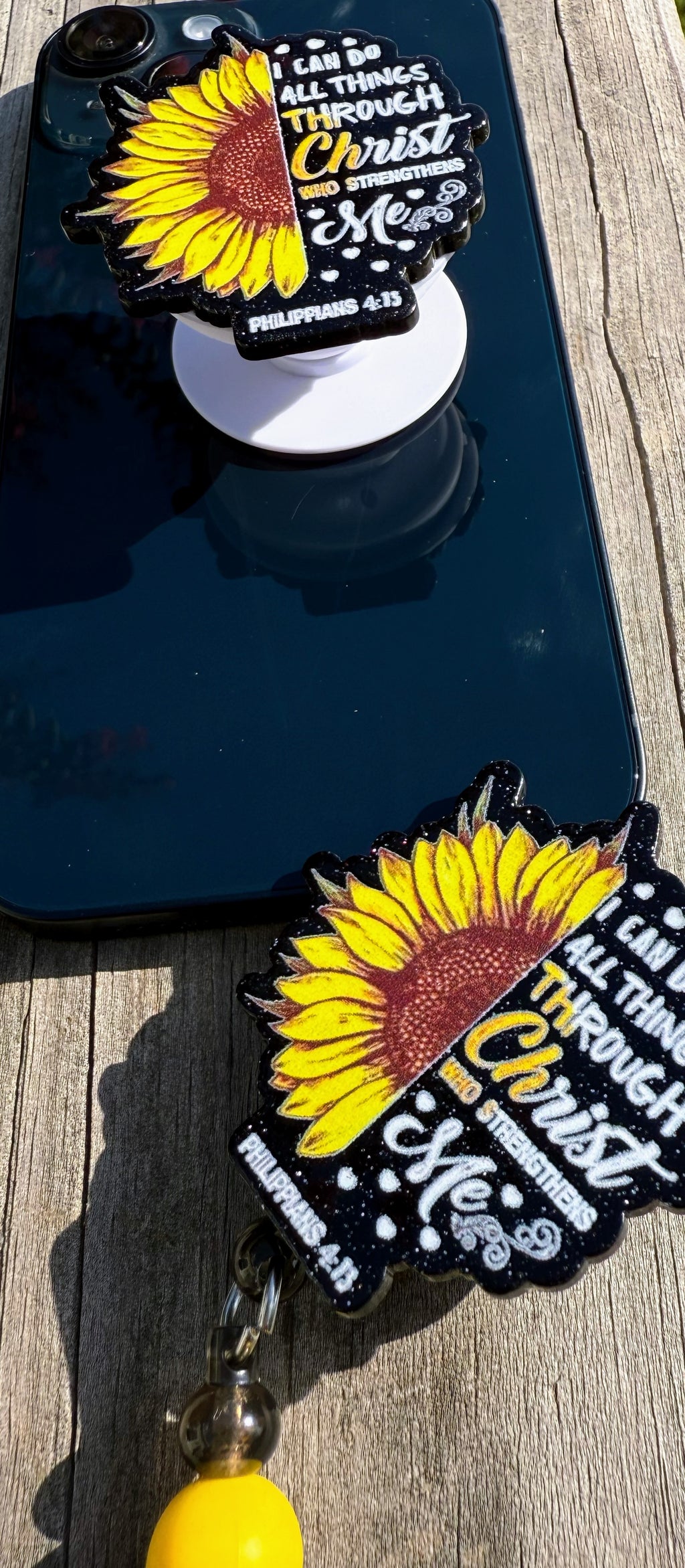 Philippians 4:13 Sunflower Phone Grip & Badge Reel