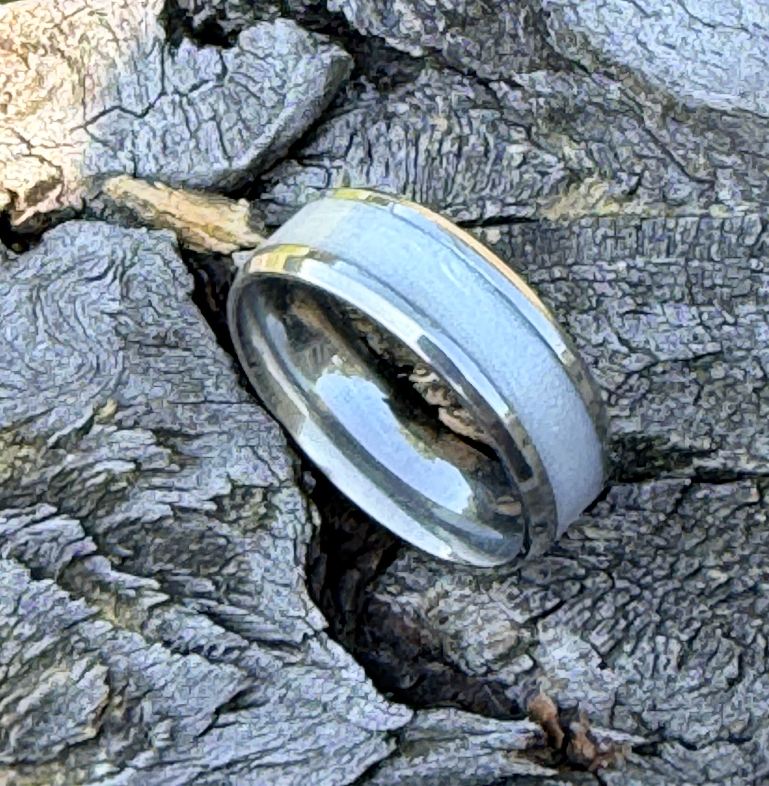 Glacier Edge Ring – Handmade Silver Inlay Stainless Steel Band