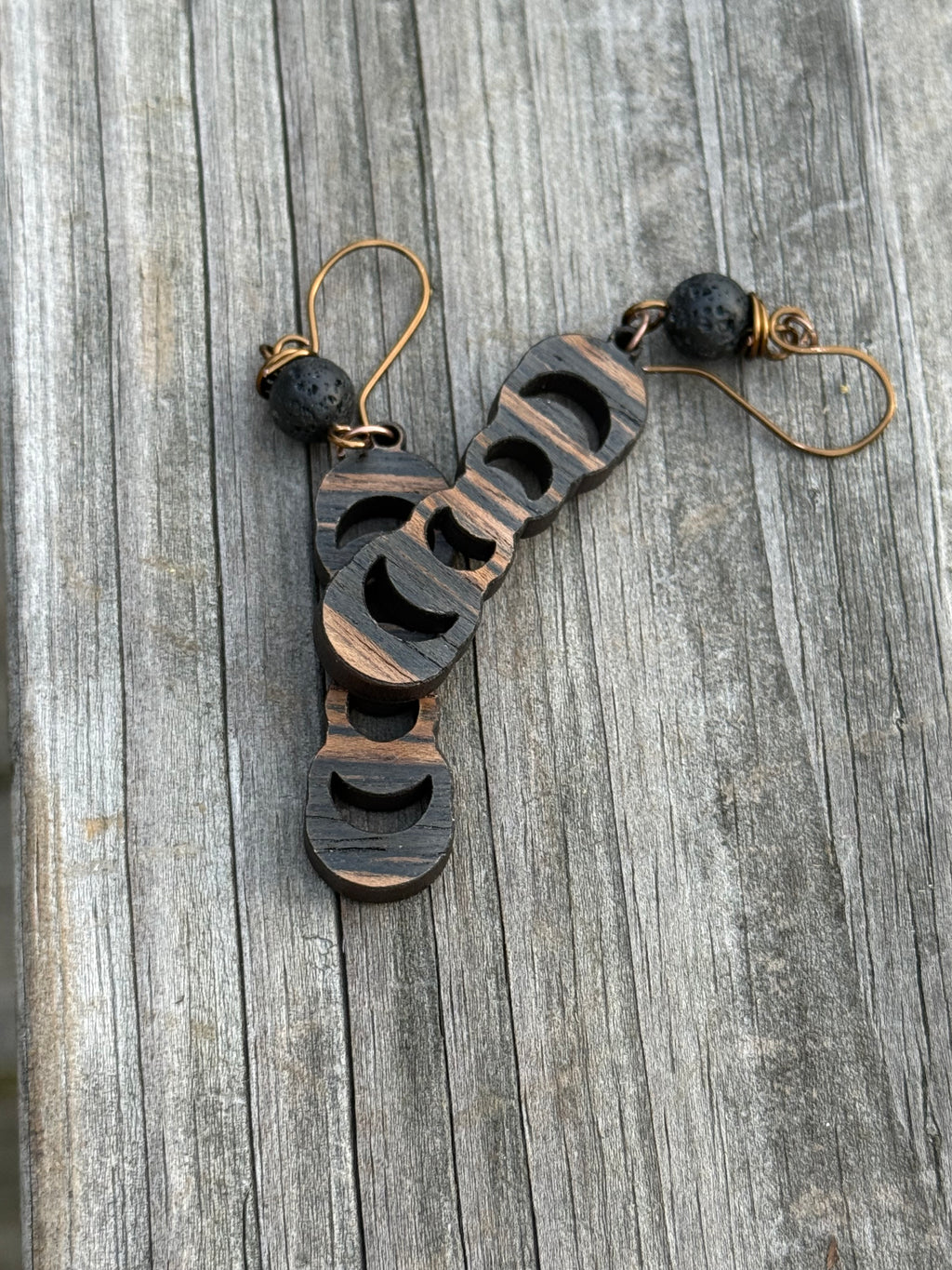 Afro-Centric Moon Phase Wooden Earrings with Lava Stone