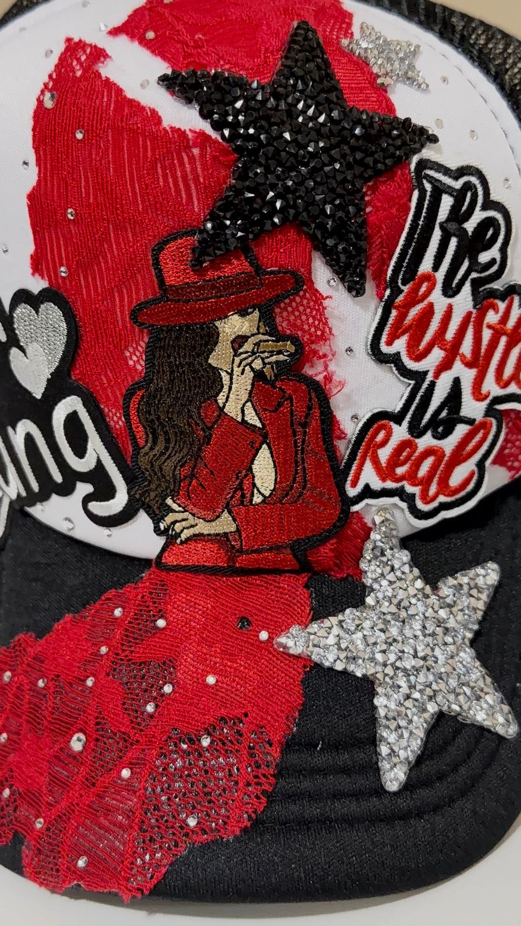 Women’s Girl Gang Cigar Trucker Hat – Red & Black Bling Cap