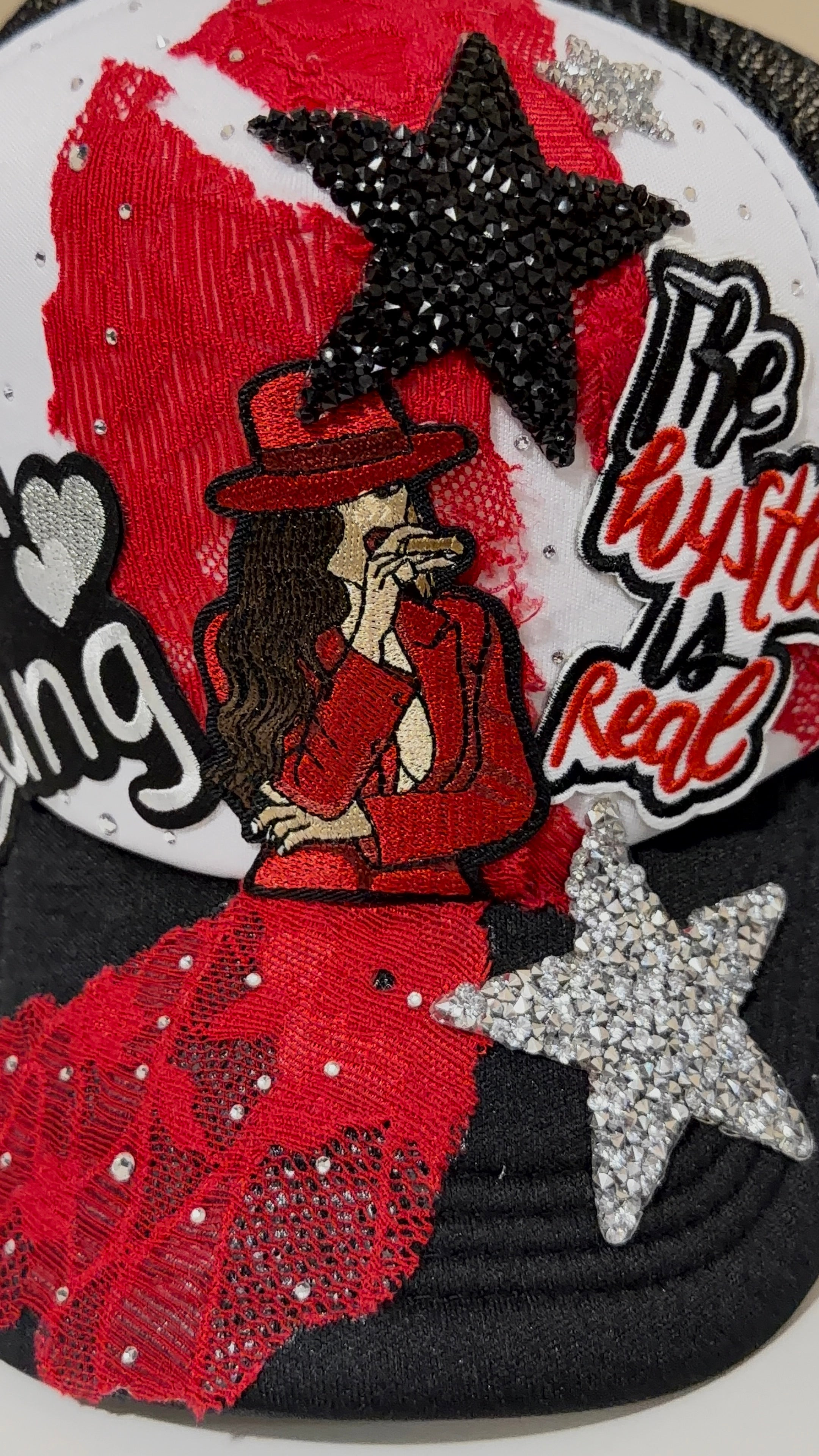 Women’s Girl Gang Cigar Trucker Hat – Red & Black Bling Cap