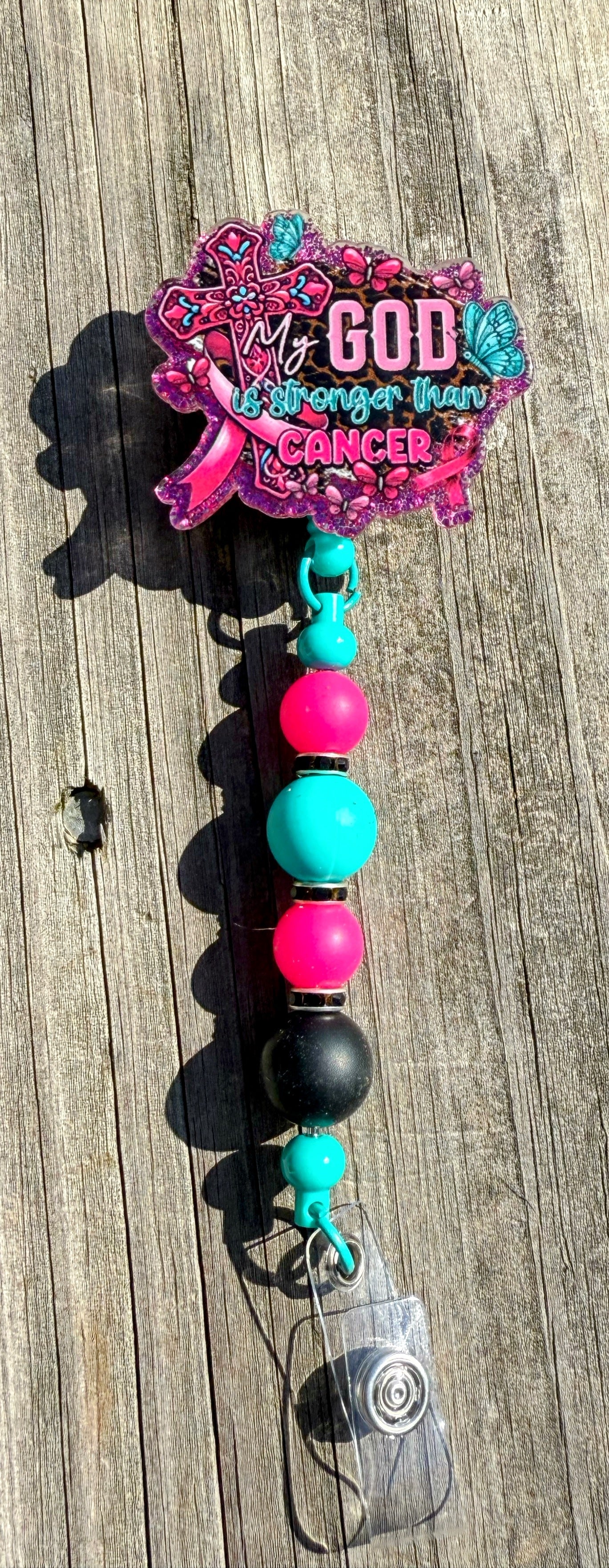 My God Is Stronger Than Cancer Badge Reel – Faith-Based Retractable ID Holder with Beaded Strap