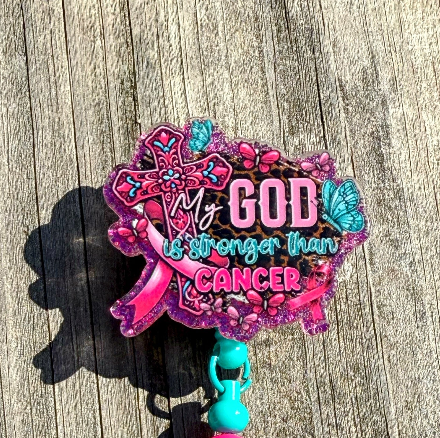 My God Is Stronger Than Cancer Badge Reel – Faith-Based Retractable ID Holder with Beaded Strap