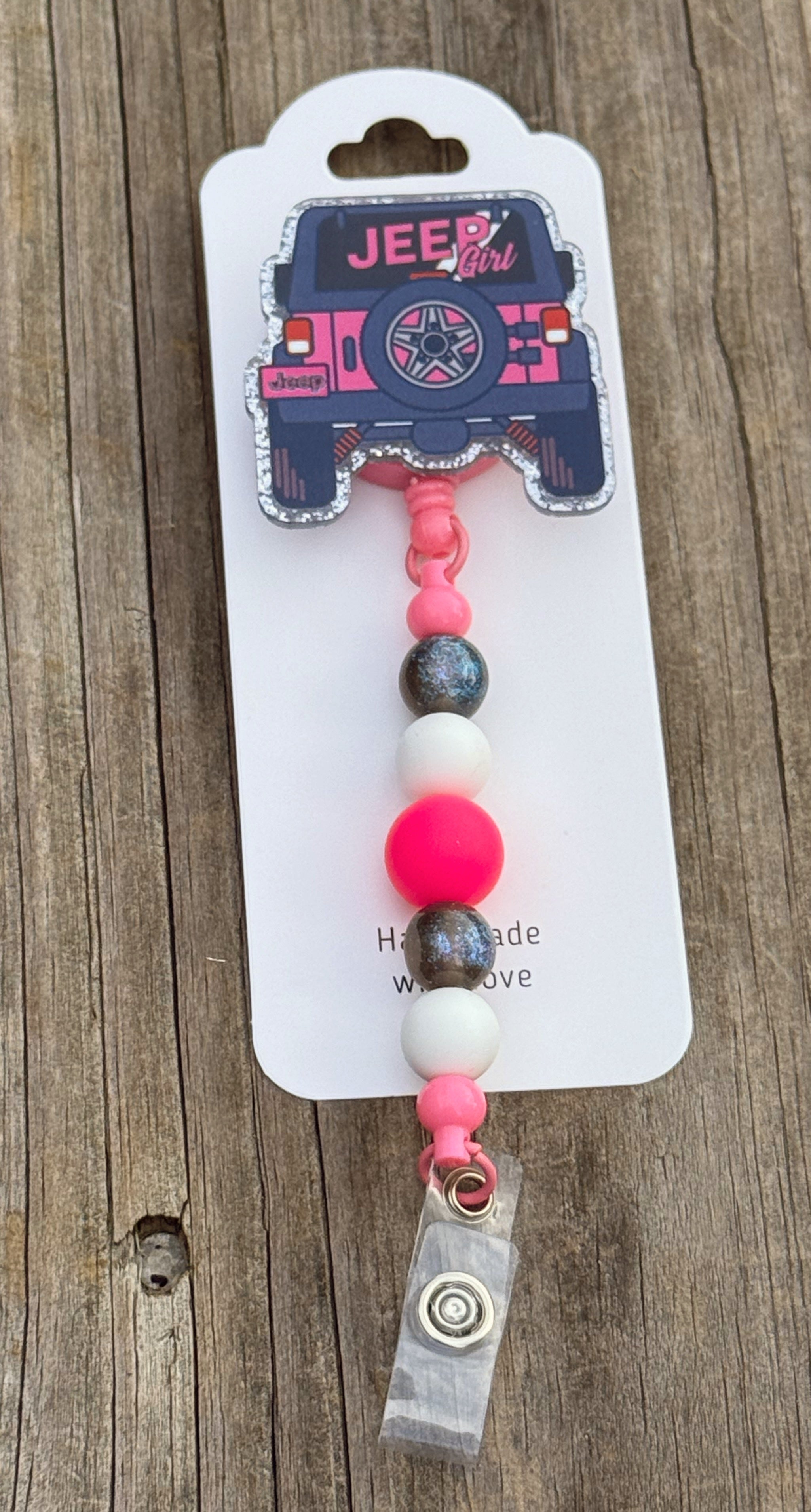 Jeep Girl Badge Reel – Pink Glitter Retractable ID Holder with Beads