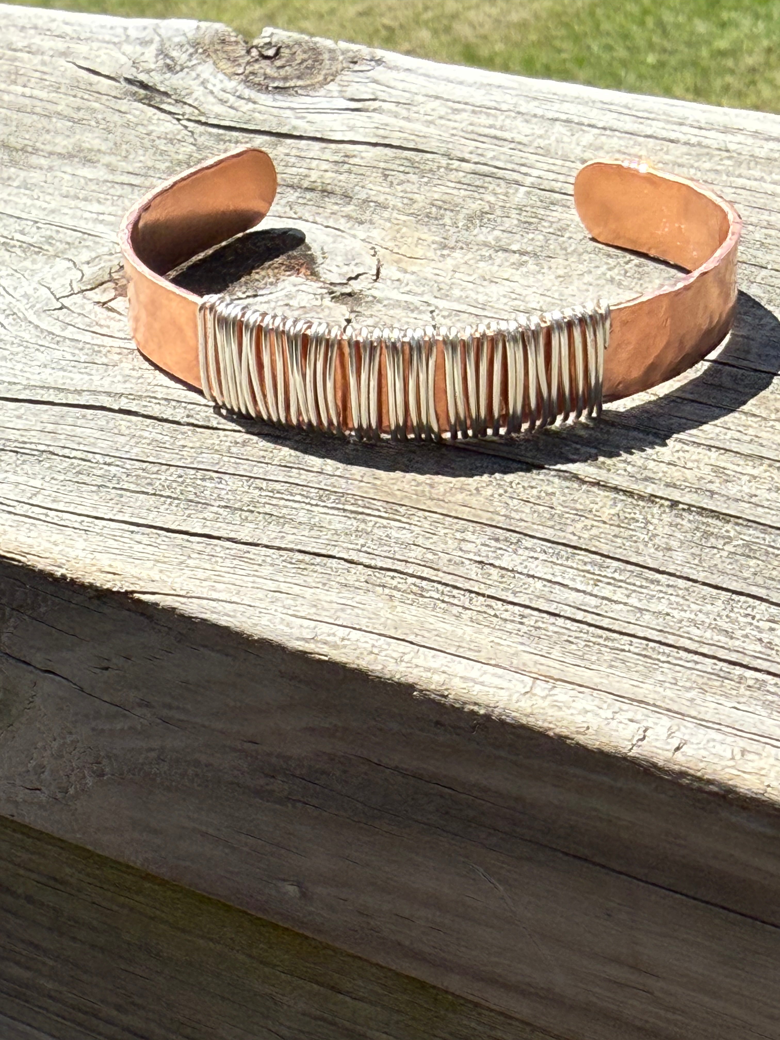 Bold Copper Cuff Bracelet with Silver Wire Wrap – Handmade Adjustable Statement Jewelry