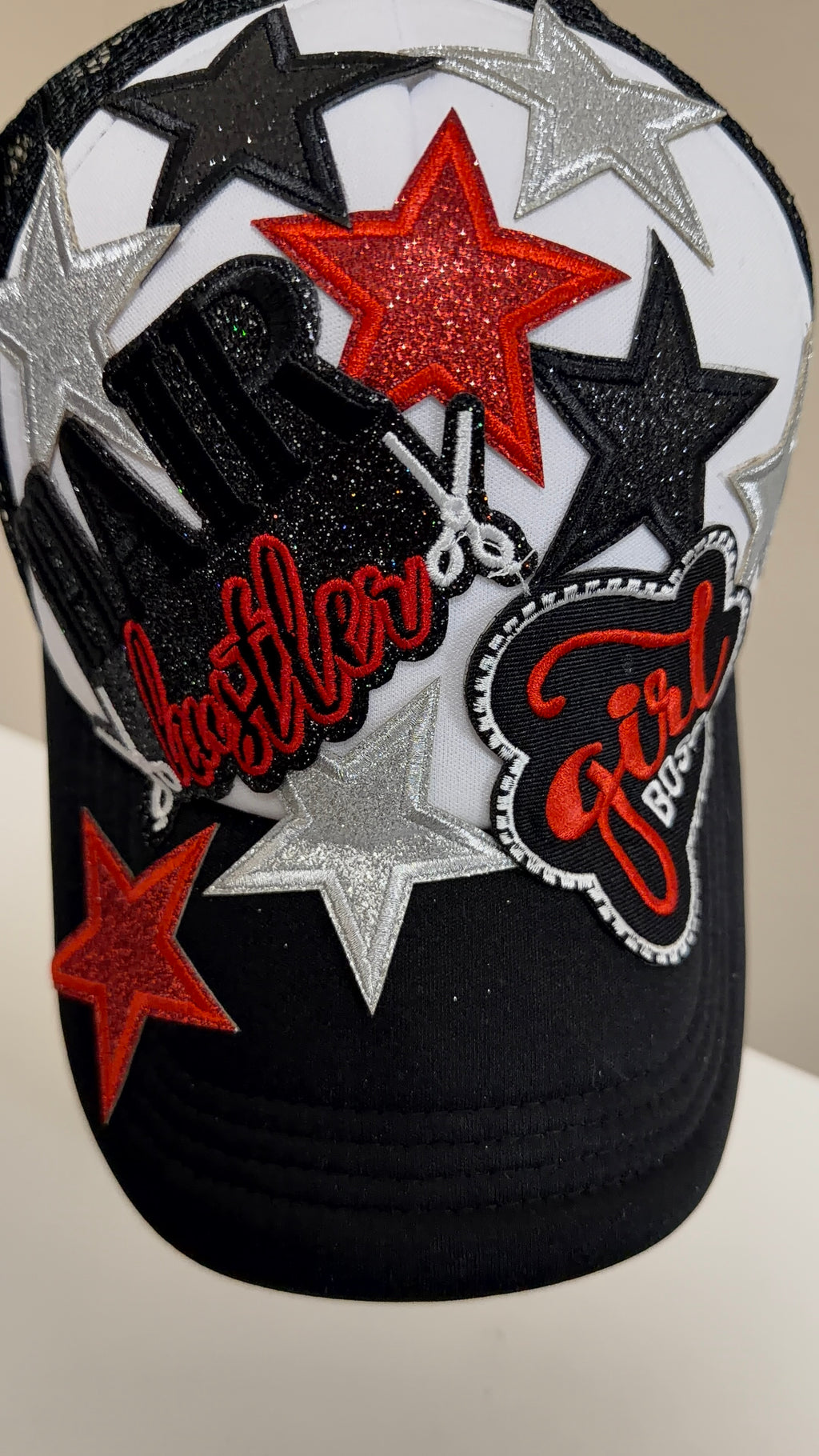 Hair Hustler Star Hat – Black & Red Custom Trucker