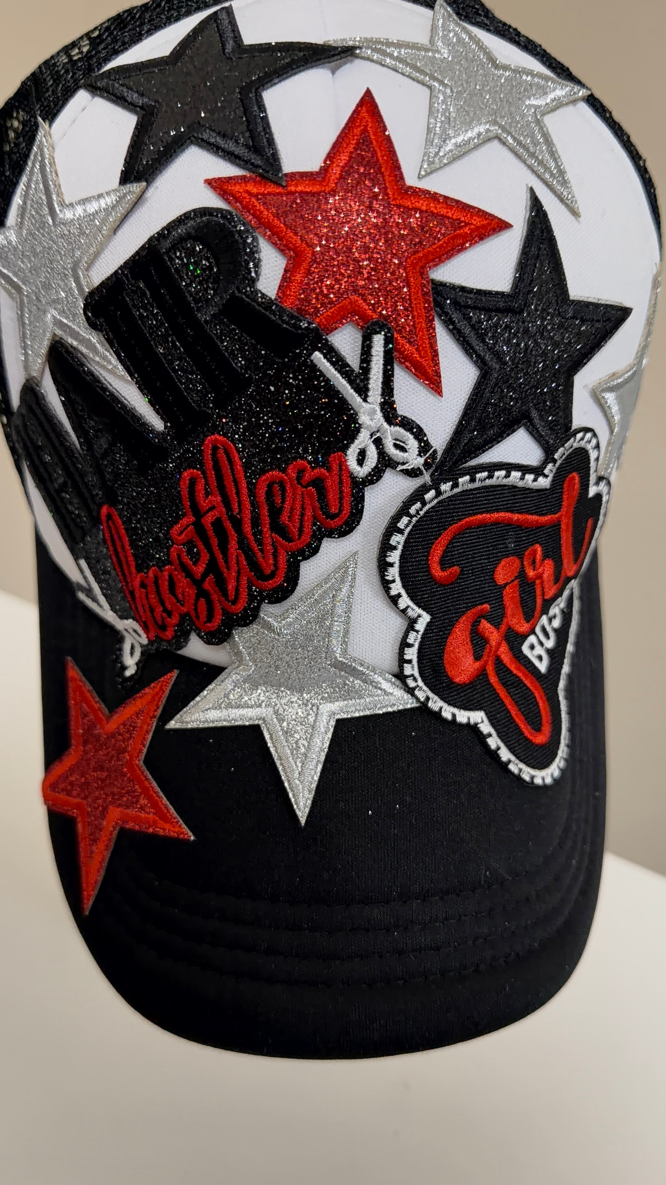 Hair Hustler Star Hat – Black & Red Custom Trucker