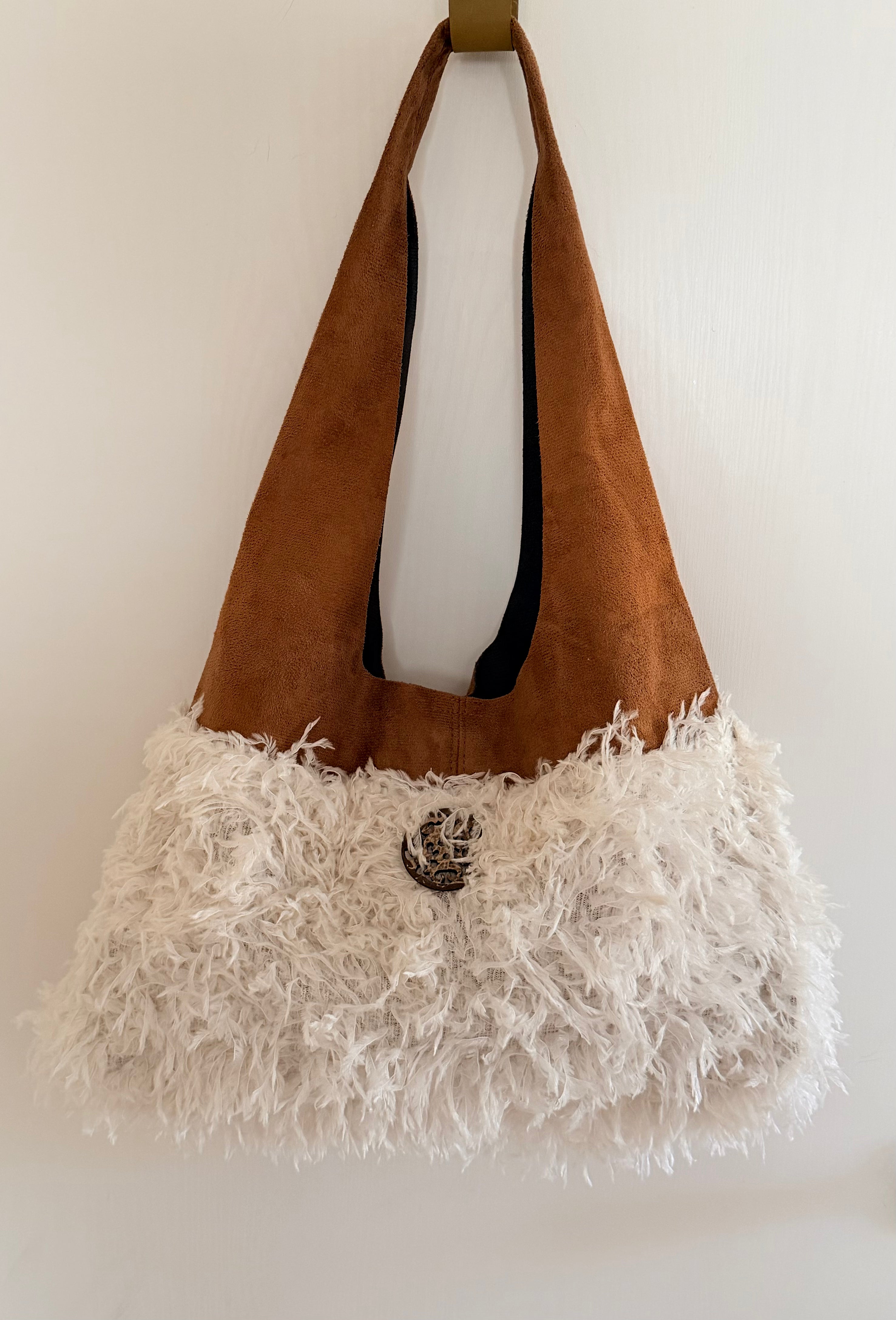 Caramel Suede & Cream Faux Fur Hobo Bag