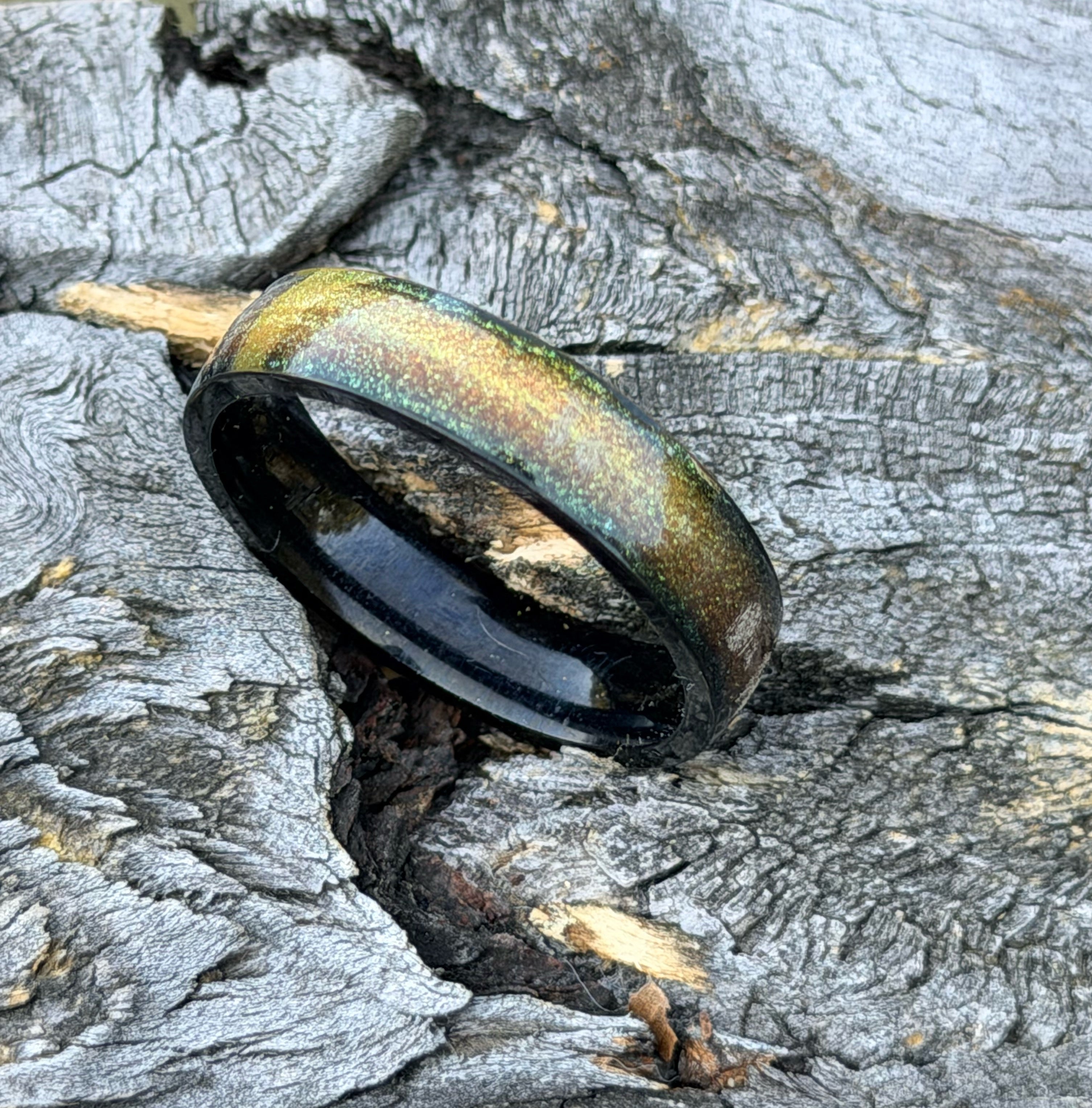 Midnight Aurora Shimmer Ring – Handmade Black Band