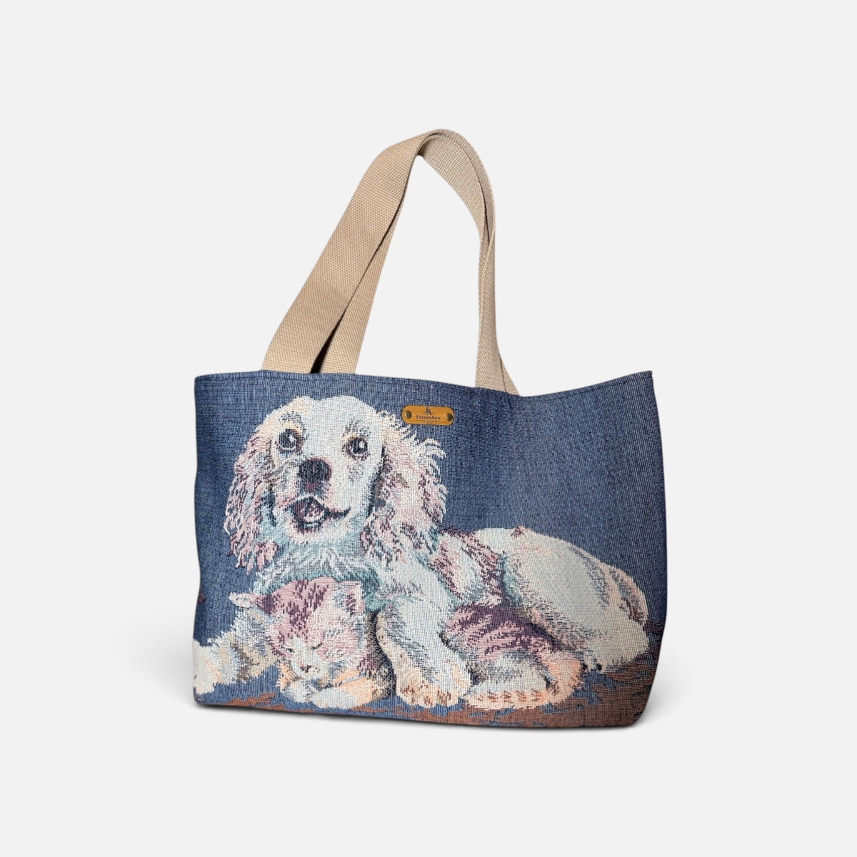 EvelynAnn Cozy Companions Tote | Dog & Cat Tapestry Handcrafted Tote Bag