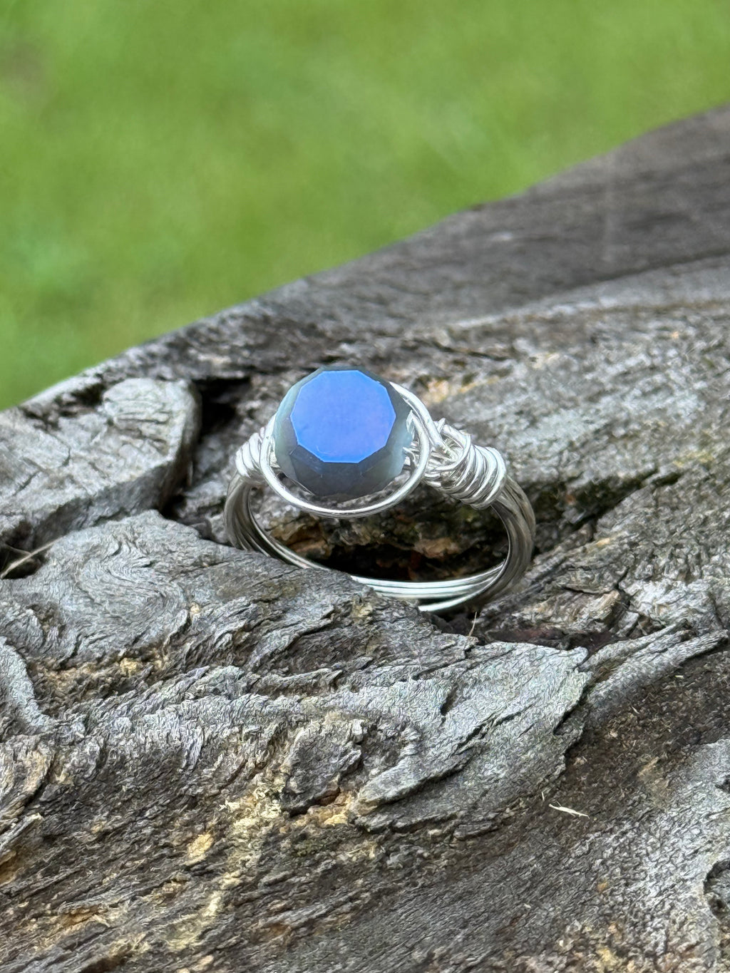 Handmade Sterling Silver Wire Wrapped Ring with Iridescent Gemstone
 Glow Ring