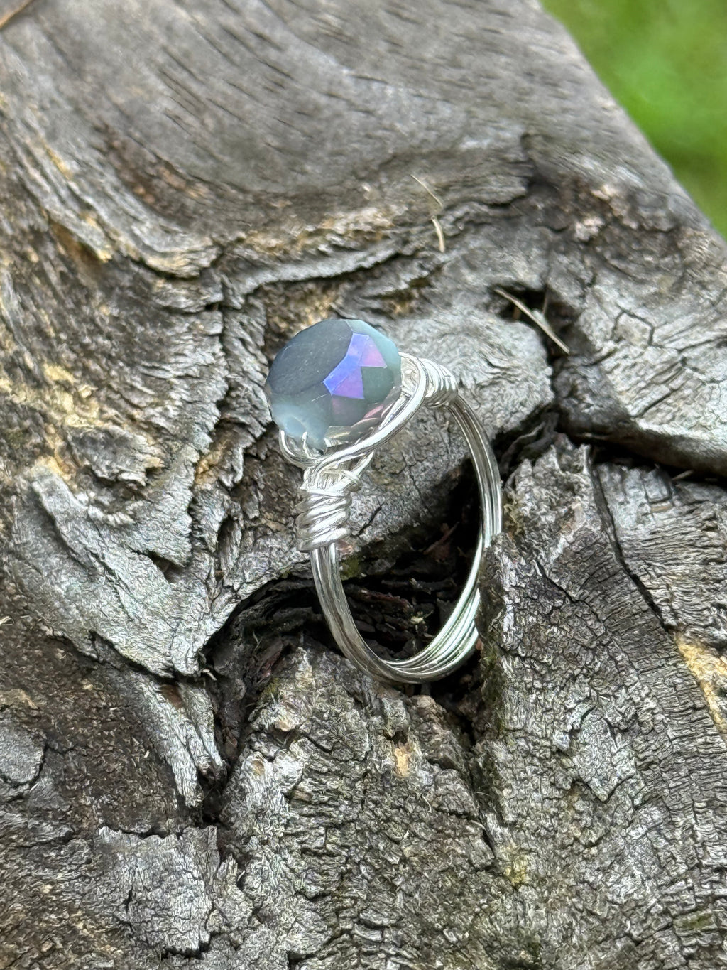 Handmade Sterling Silver Wire Wrapped Ring with Iridescent Gemstone
 Glow Ring