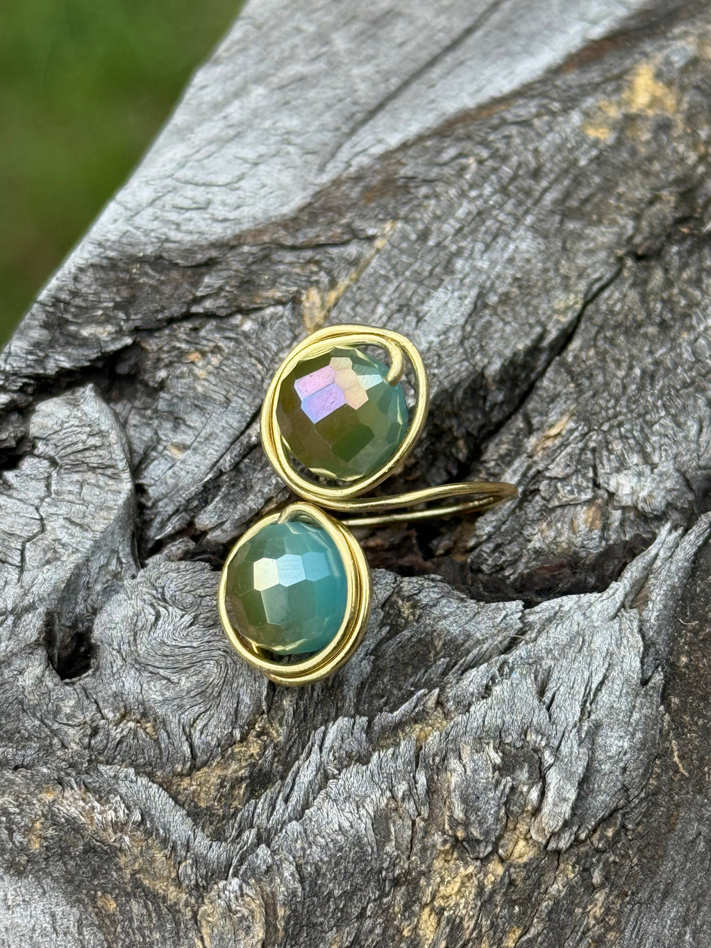 Adjustable Iridescent Gold Tone Bezel Earrings – Handmade Rainbow Faceted Gemstone Jewelry