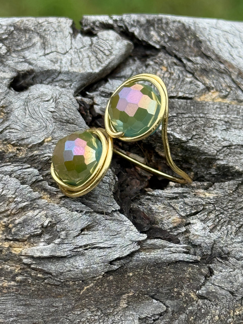 Adjustable Iridescent Gold Tone Bezel Earrings – Handmade Rainbow Faceted Gemstone Jewelry