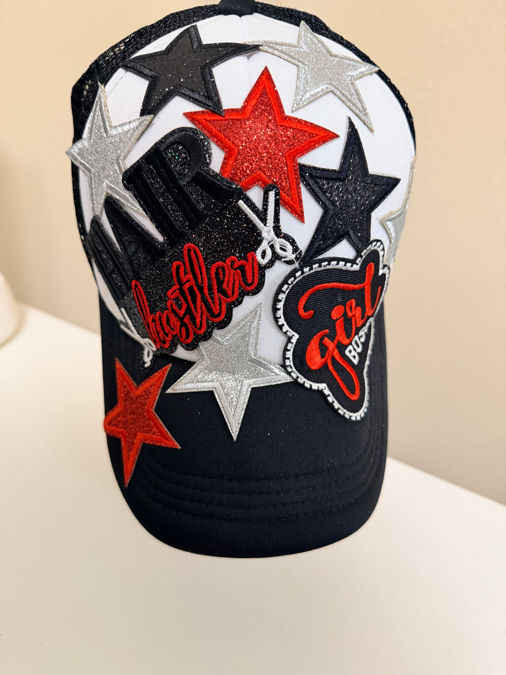 Hair Hustler Star Hat – Black & Red Custom Trucker