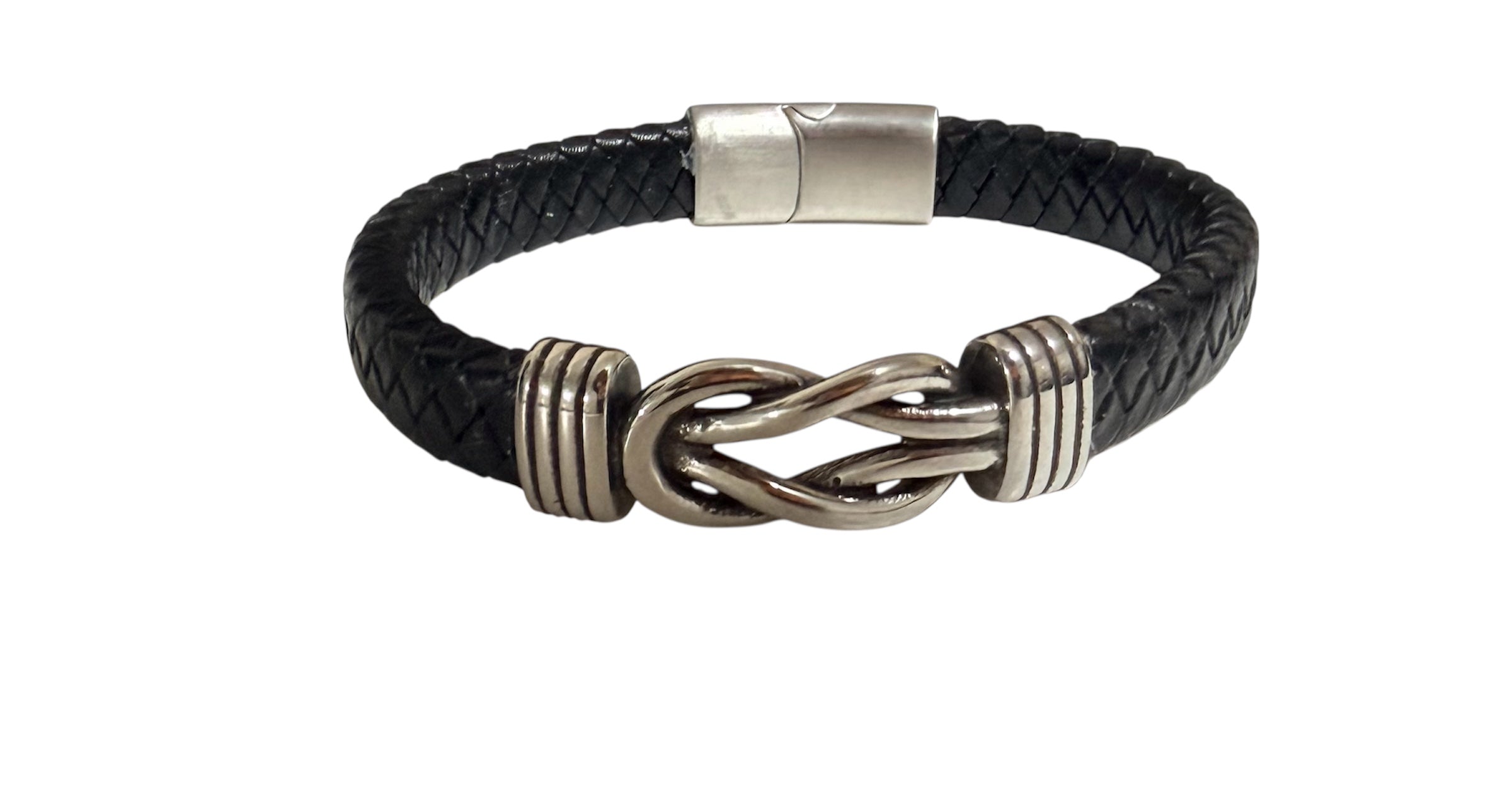 Men’s Black Braided Leather Bracelet – Stainless Steel Infinity Knot