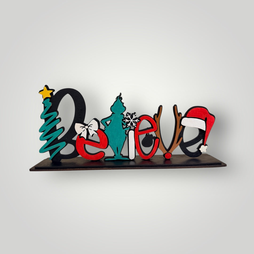 Christmas Believe Shelf Sitter – Grinchy Holiday Decor