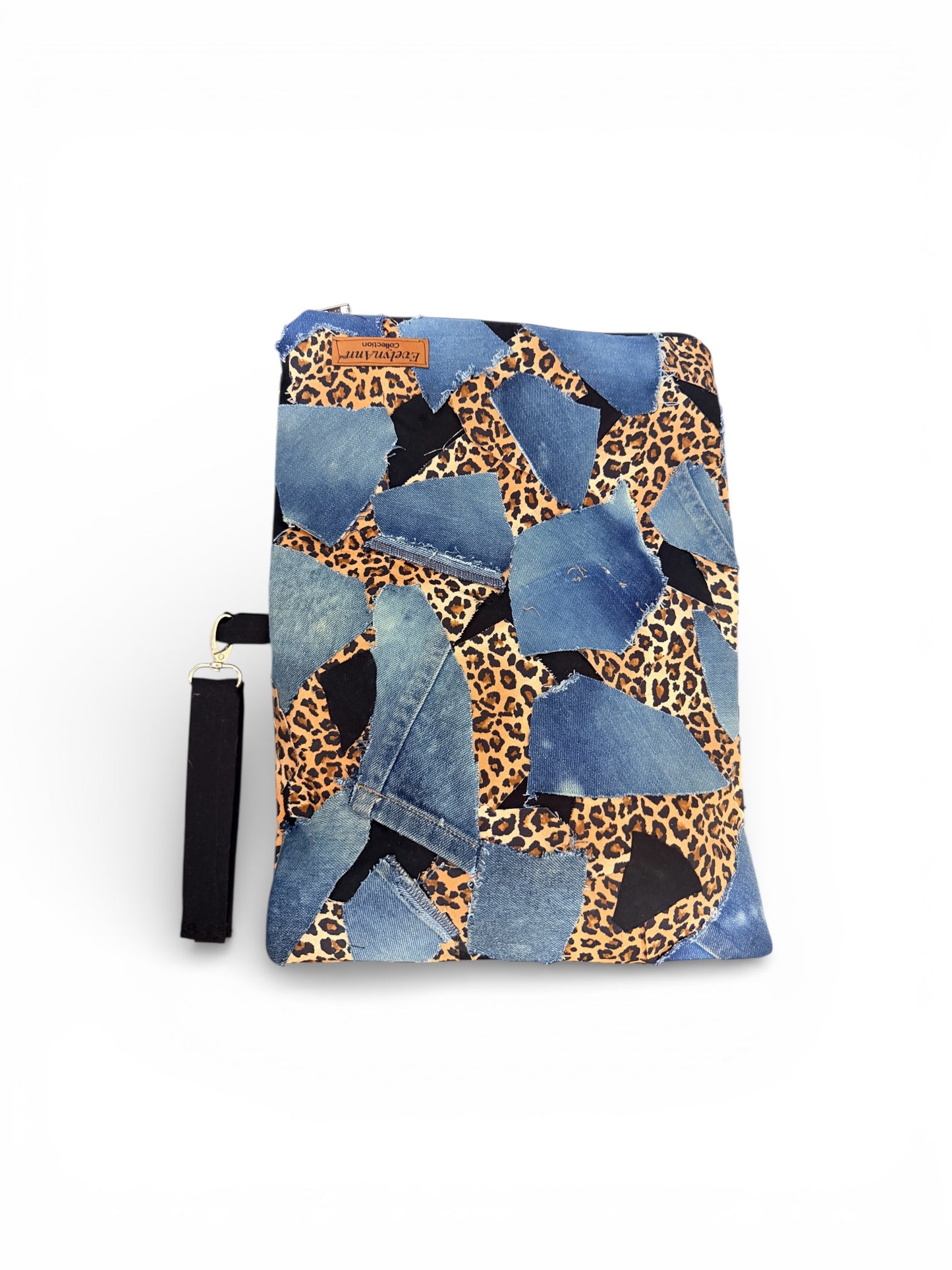 EvelynAnn Denim & Leopard Patchwork Wristlet | Expandable Statement Clutch