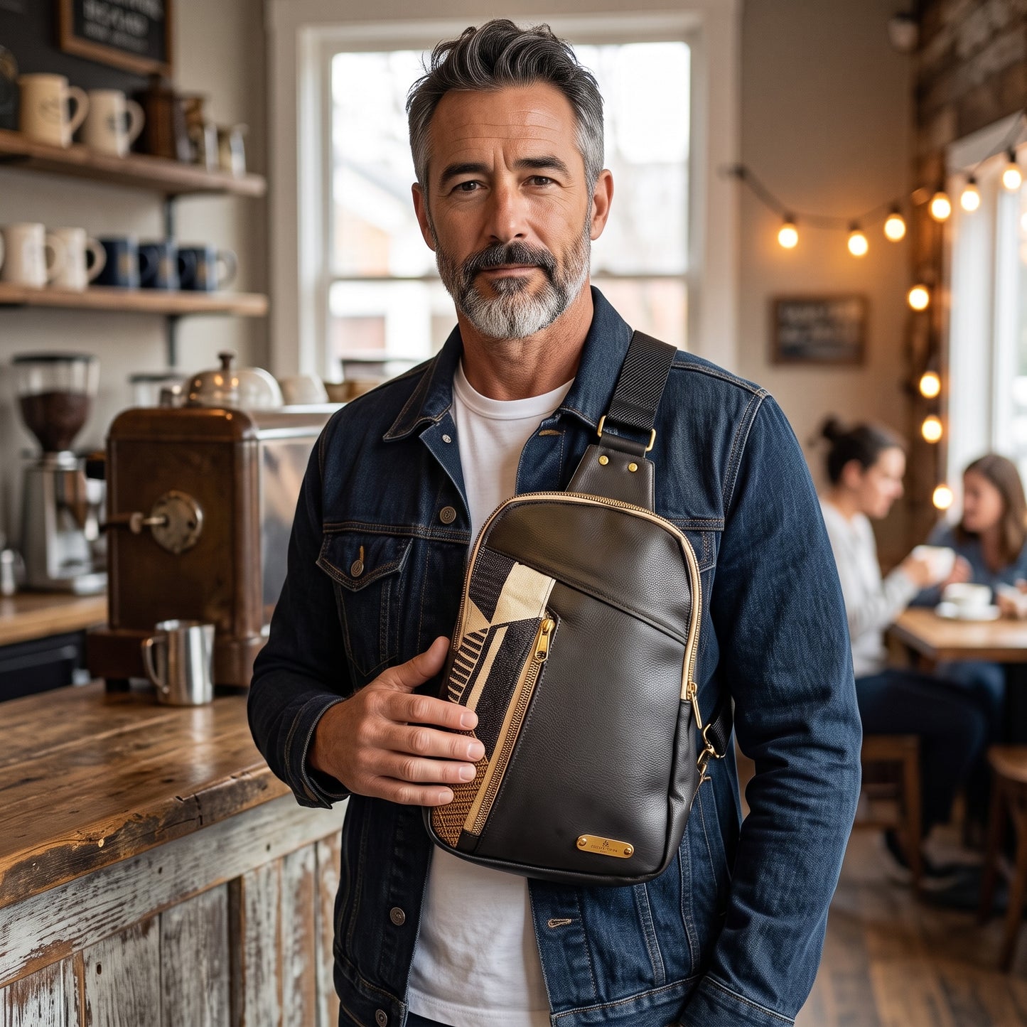 NspiVibe leather crossbody sling bag with geometric panel worn by a man in a denim jacket in a cafe setting